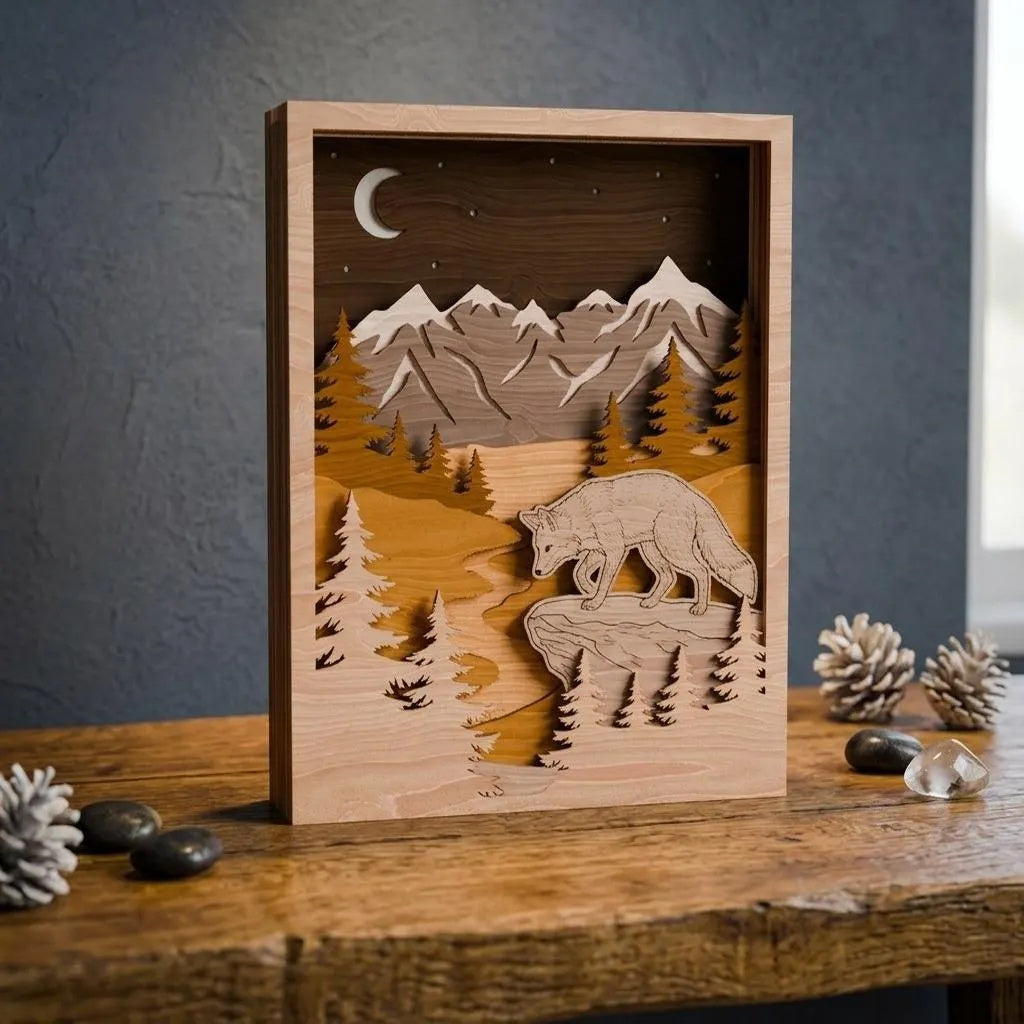 Fox Mountain Shadow Box SVG, 3D Layered Wolf Forest Laser Cut File, Multilayer Wood Wall Art, Glowforge Cricut Digital Download