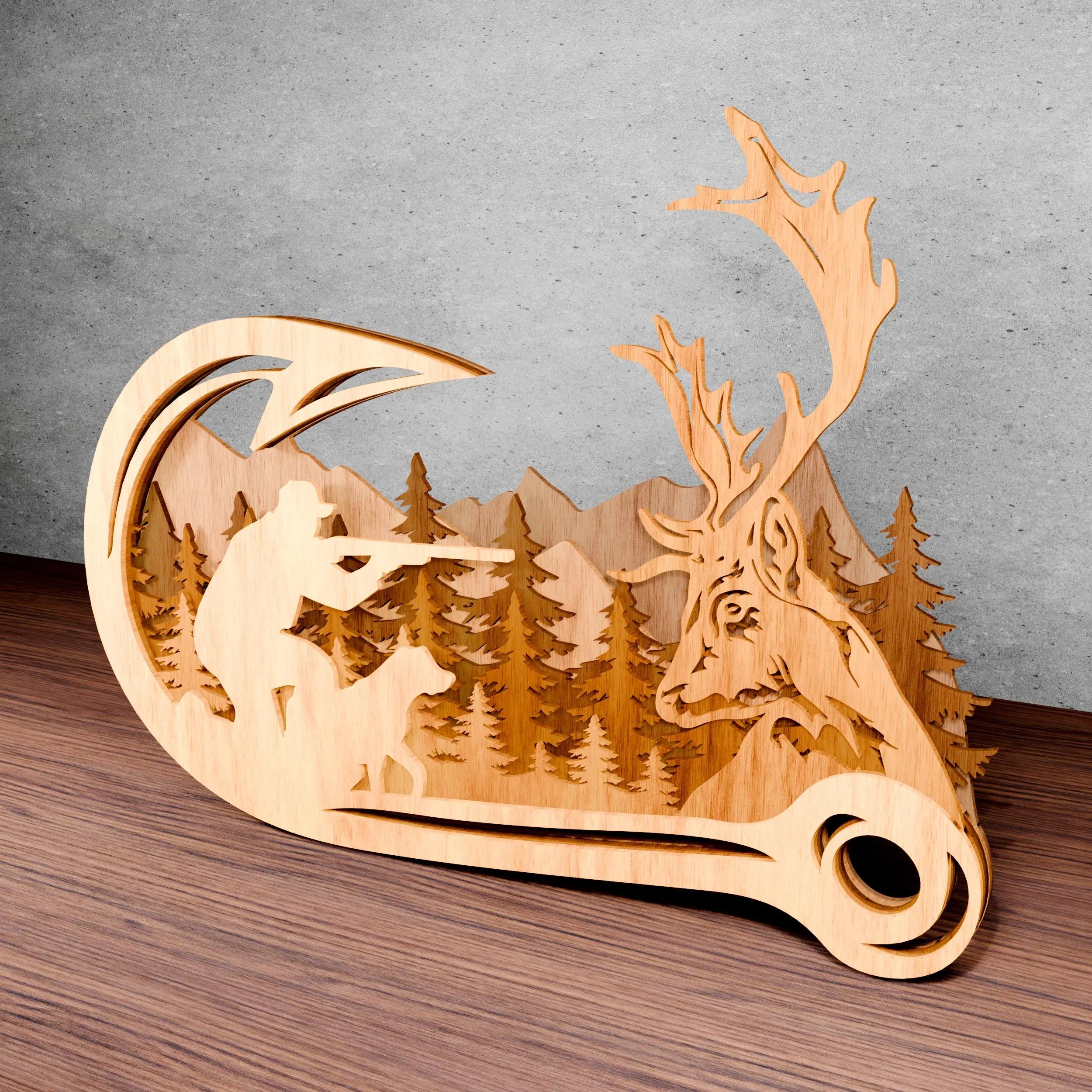 Deer Hunter Fishing Hook Multilayer SVG Laser Cut File, 3D Hunting Scene Wood Cut Pattern, Buck Forest Mountain Digital Download