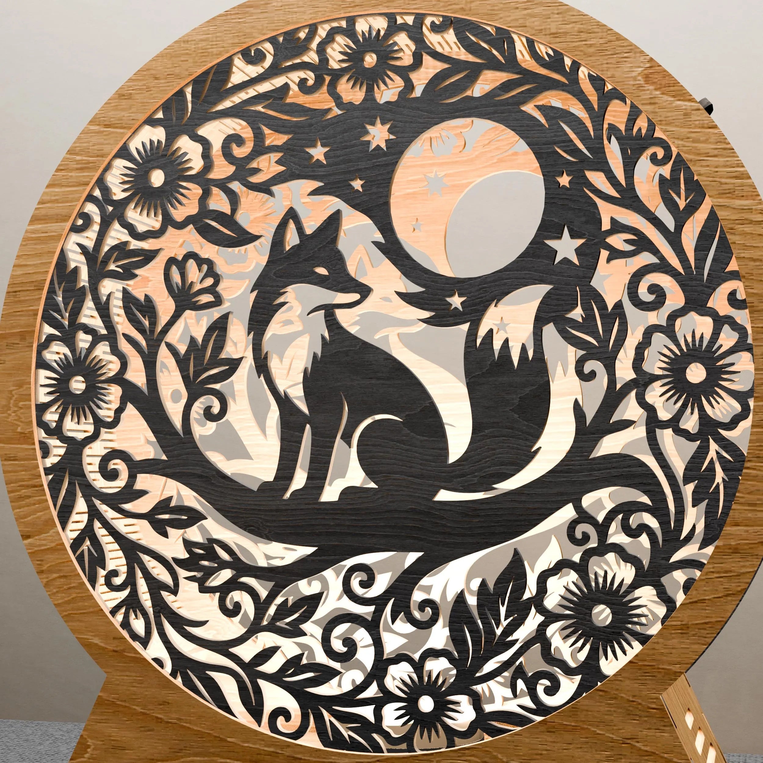Fox Moon Multilayer Mandala SVG, 3D Layered Light Box Laser Cut Files, Floral Forest Shadow Box Lamp Digital Download