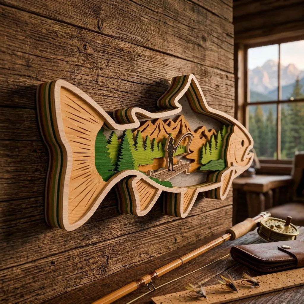 Fly Fishing Trout 3D Multilayer SVG Laser Cut File, Fisherman Mountain Scene Wood Wall Art Digital Download for Glowforge