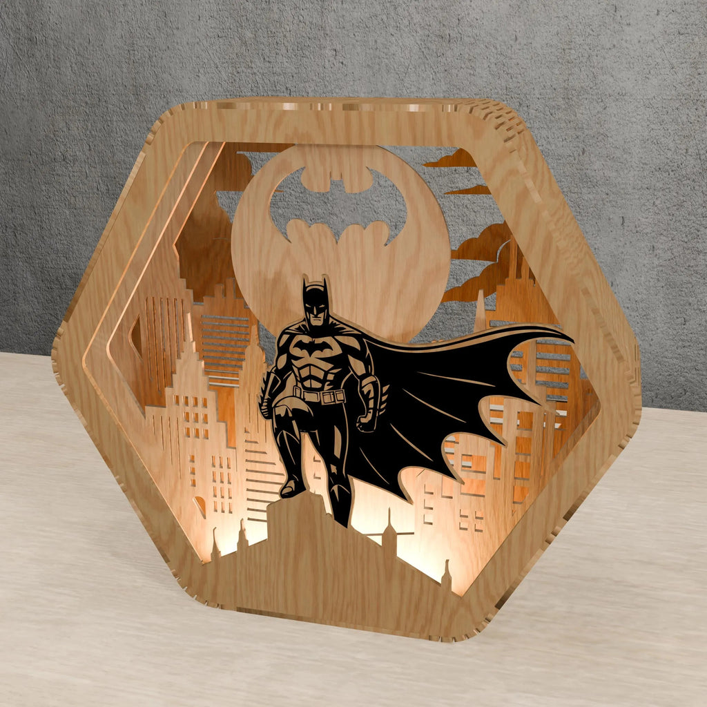 Dark Knight Hero Multilayer Laser Cut SVG, Caped Vigilante & City Skyline 3D Layered Wood Art, Glowforge Superhero Decor Digital Download