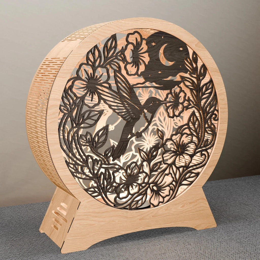 Hummingbird Floral Moon Lamp SVG Laser Cut File, 3D Multilayer Round Night Light Vector, Glowforge Digital Download