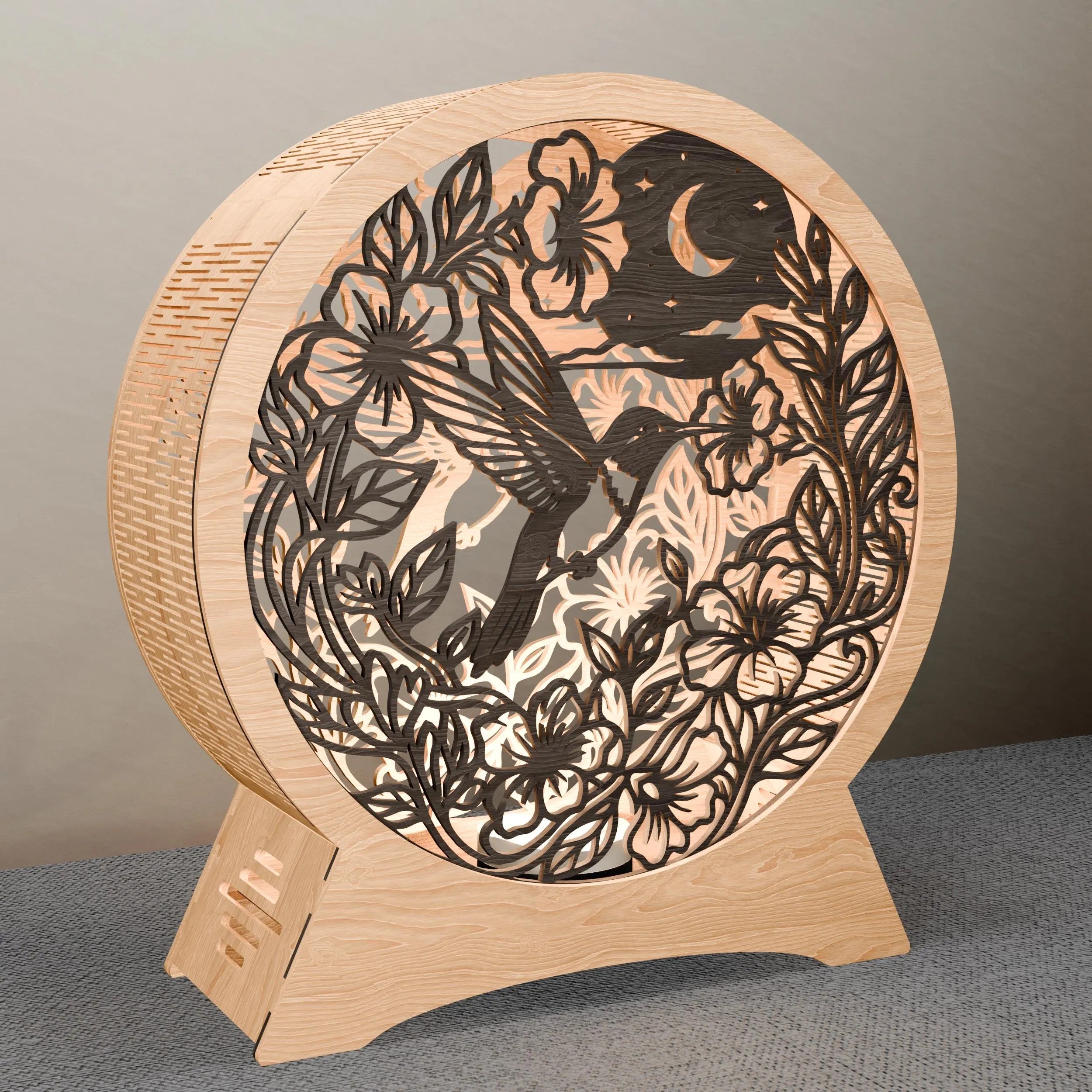 Hummingbird Floral Moon Lamp SVG Laser Cut File, 3D Multilayer Round Night Light Vector, Glowforge Digital Download