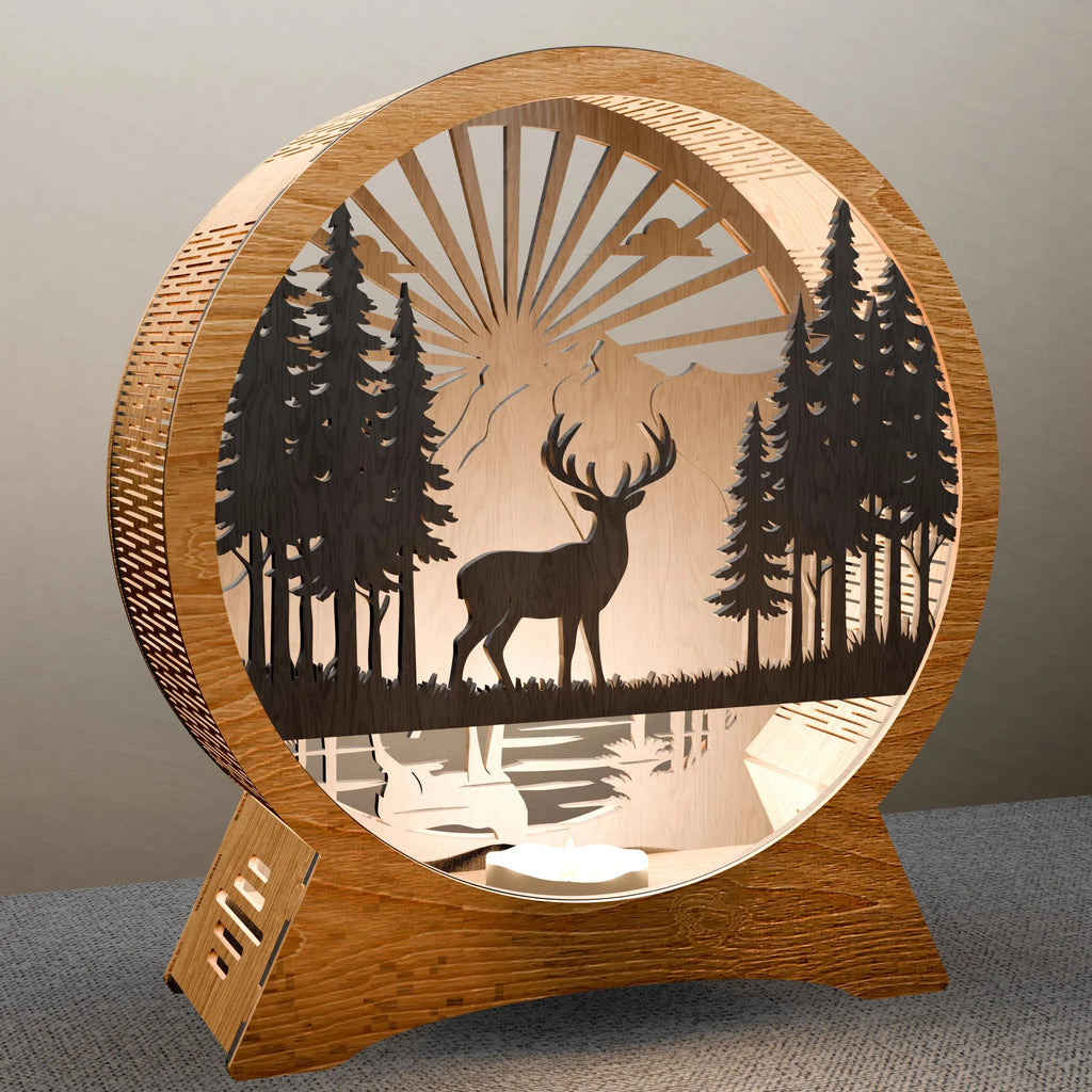 Deer Forest Light Box SVG Laser Cut Files, 3D Layered Stag Sunrise Lamp, Glowforge Wood Night Light Digital Download