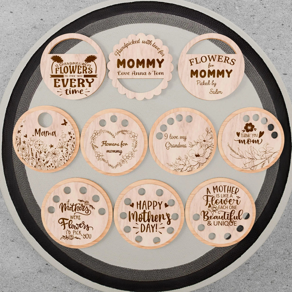 Mother's Day Flower Holder SVG Bundle, Laser Cut Files, Mom Grandma Floral Vase Topper, Glowforge Digital Download, 10 Designs