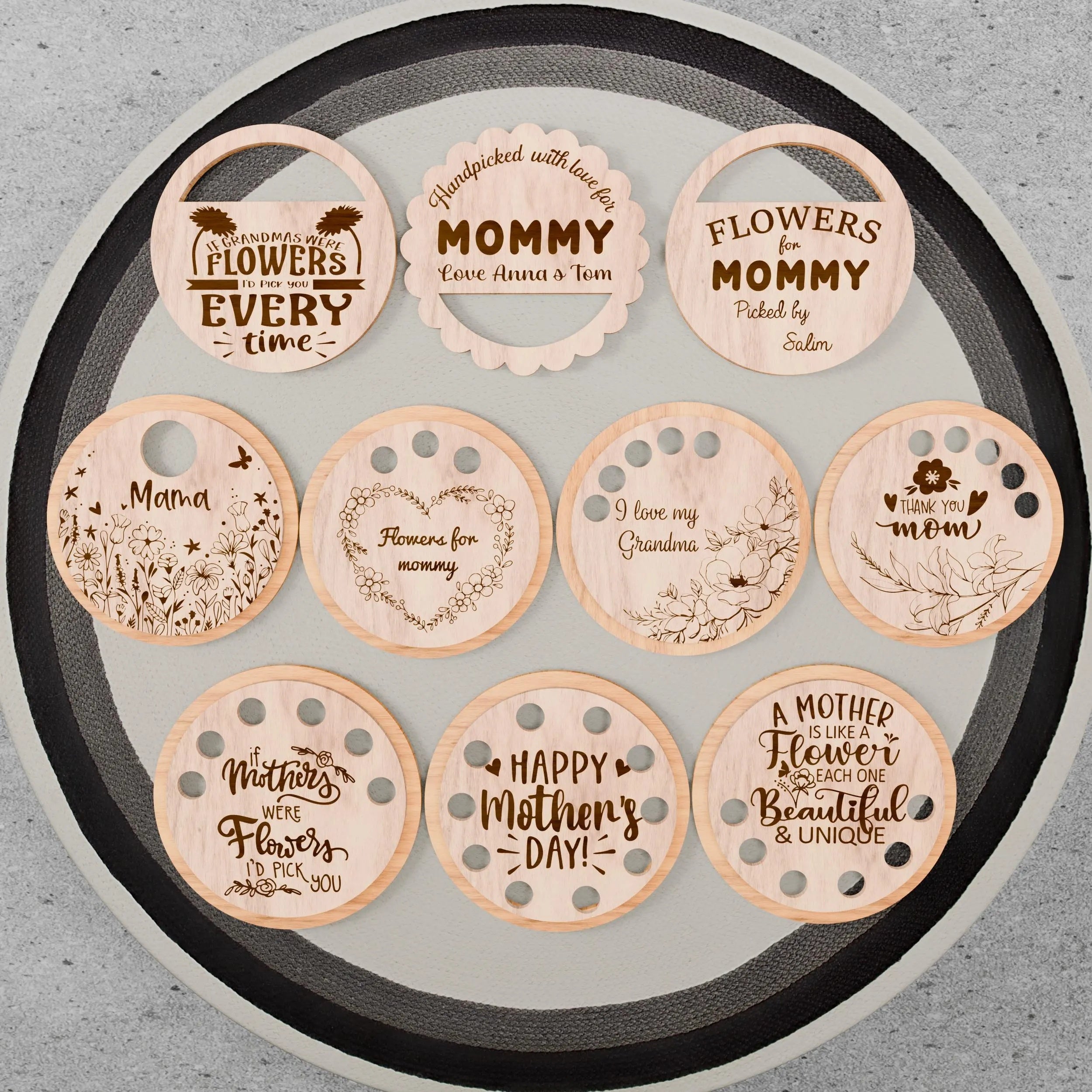 Mother's Day Flower Holder SVG Bundle, Laser Cut Files, Mom Grandma Floral Vase Topper, Glowforge Digital Download, 10 Designs