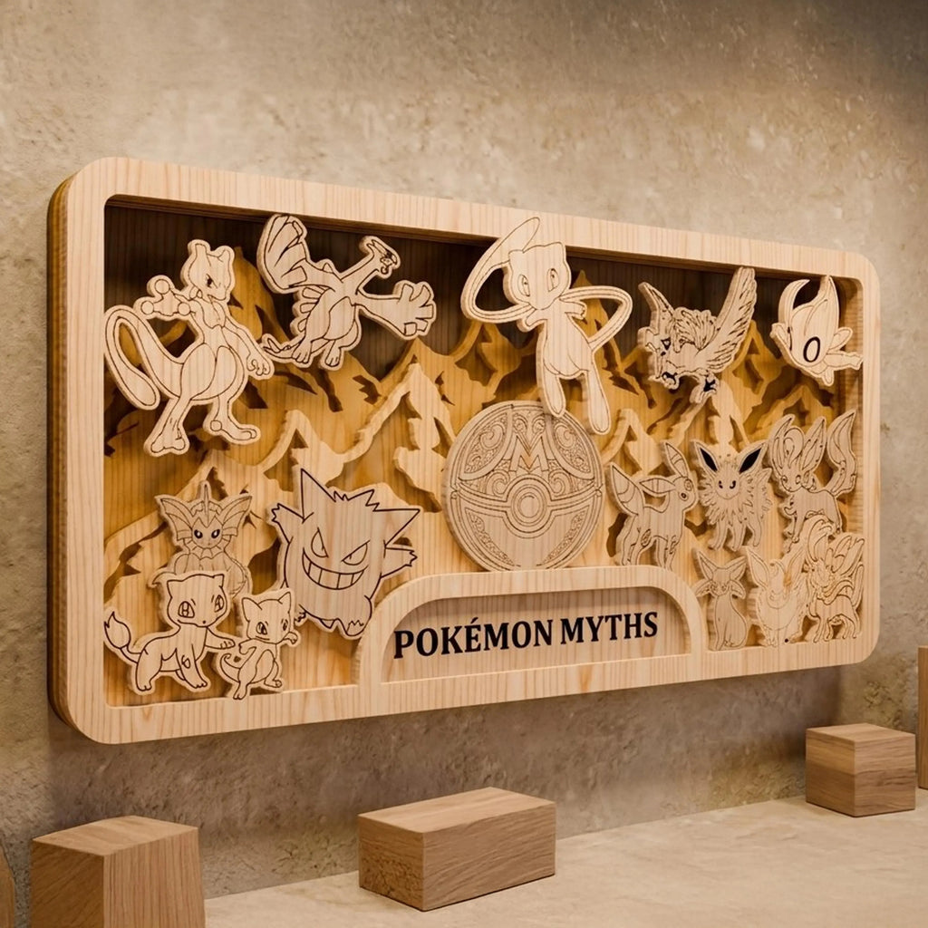 Mythical Pocket Monsters Multilayer SVG, Legendary Creatures & Ball 3D Layered Wood Plaque, Glowforge Gamer Room Decor Digital Download