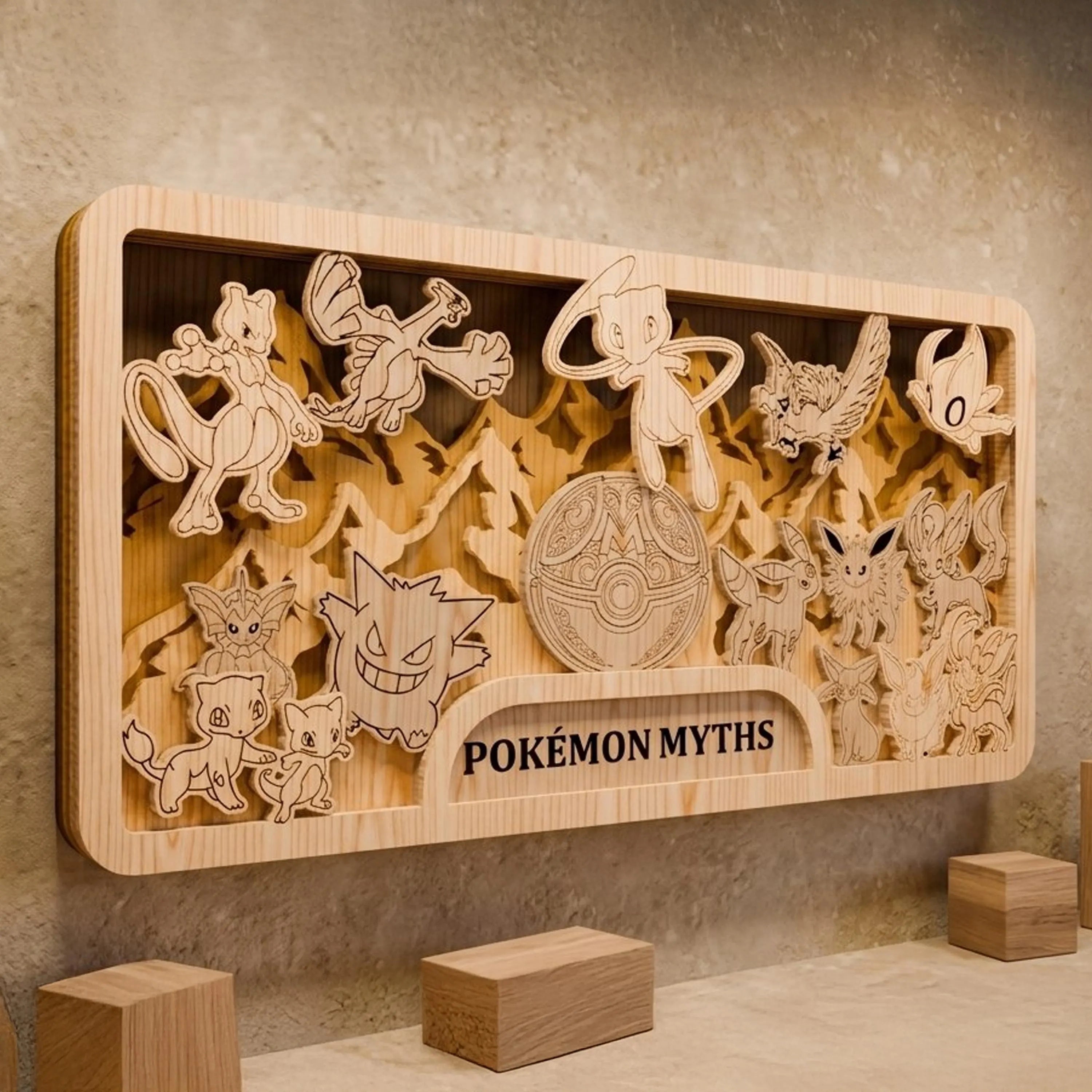 Mythical Pocket Monsters Multilayer SVG, Legendary Creatures & Ball 3D Layered Wood Plaque, Glowforge Gamer Room Decor Digital Download