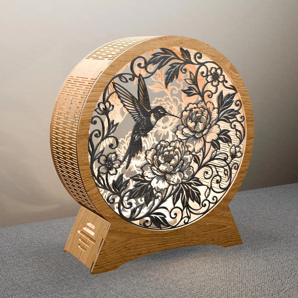 Hummingbird Peony Round Lamp SVG Laser Cut File, 3D Layered Floral Night Light, Glowforge Cricut Wood Lantern Digital Download