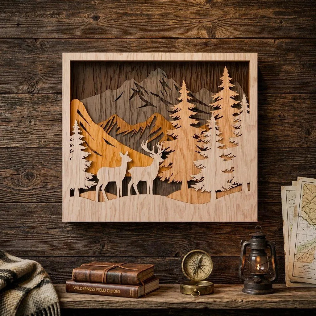 3D Deer Mountain Forest Shadow Box SVG Laser Cut File, Multilayer Wildlife Wall Art, Glowforge Cricut Cabin Decor Digital Download
