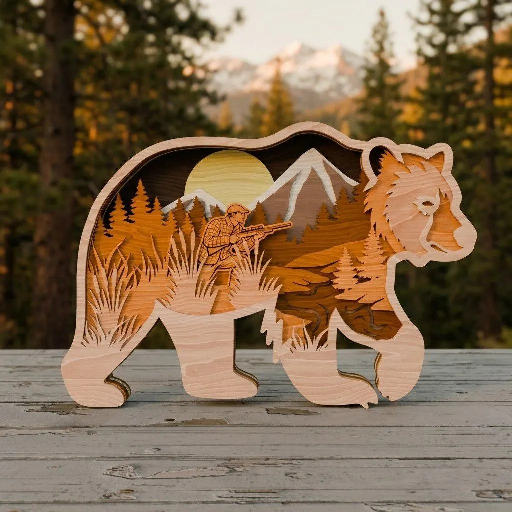 Bear Hunter Multilayer SVG Laser Cut File, 3D Layered Bear Hunting Scene, Glowforge Wood Wall Art, Cabin Decor Digital Download