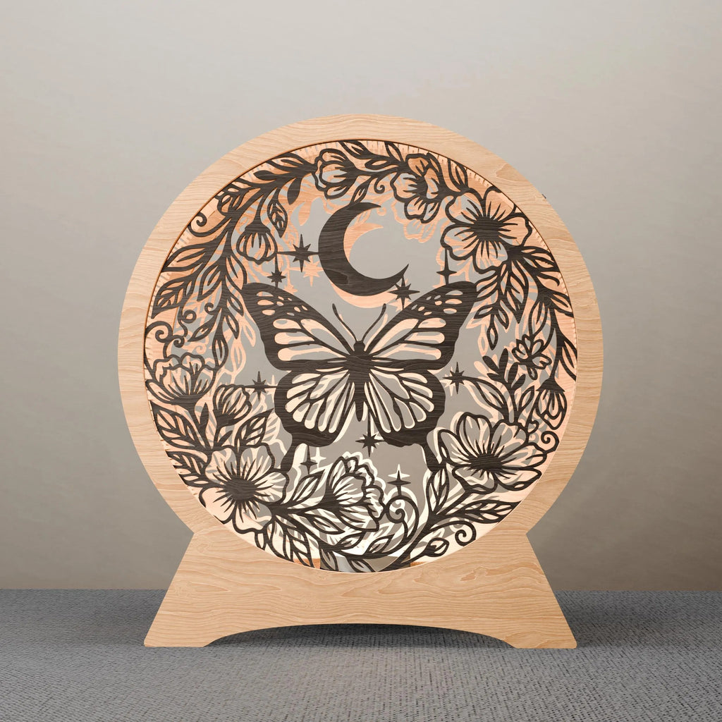 Butterfly Moon Lamp SVG Laser Cut File, Multilayer Mandala 3D Wooden Night Light, Floral Round Lamp Digital Download