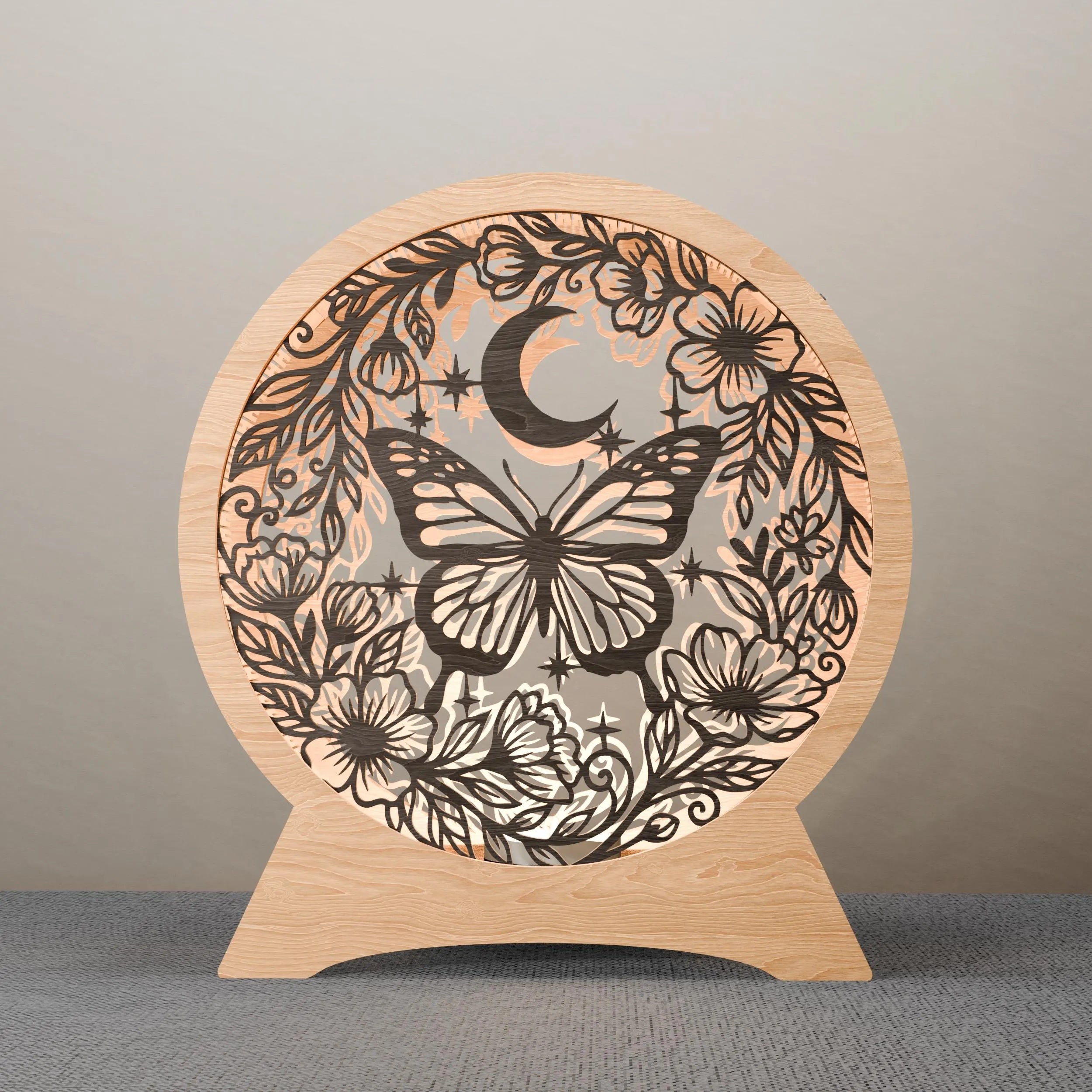 Butterfly Moon Lamp SVG Laser Cut File, Multilayer Mandala 3D Wooden Night Light, Floral Round Lamp Digital Download