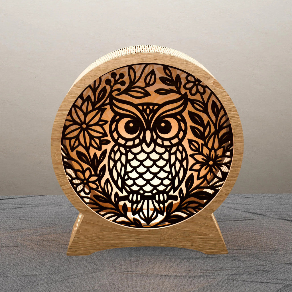 Owl Lamp Laser Cut Files SVG Bundle, 3D Round Wooden Night Light Digital Download, Floral Owl Mandala DXF CDR Vector