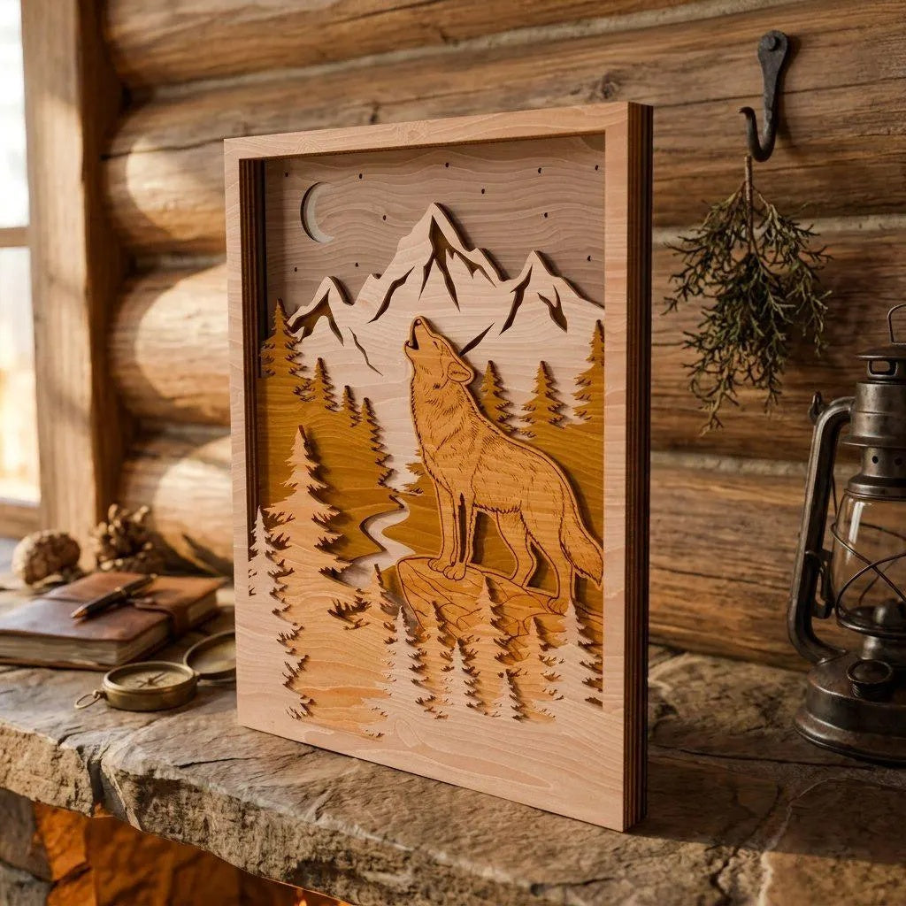 Howling Wolf Mountain Multilayer SVG Laser Cut File, 3D Layered Wolf Forest Shadow Box SVG, Glowforge Wood Wall Art Digital Download
