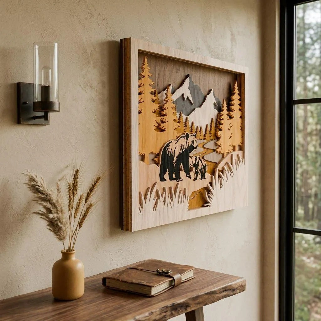 Bear Family Mountain Scene 3D Layered SVG, Multilayer Shadow Box Laser Cut File, Forest Wildlife Wall Art, Glowforge Cricut