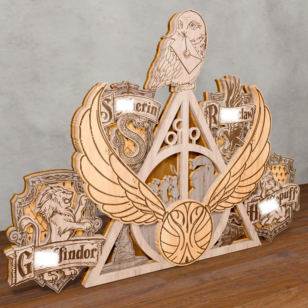 Magic Wizard Crest Multilayer SVG, Four Houses Owl & Flying Ball 3D Layered Wood Lamp, Glowforge Night Light Digital Download