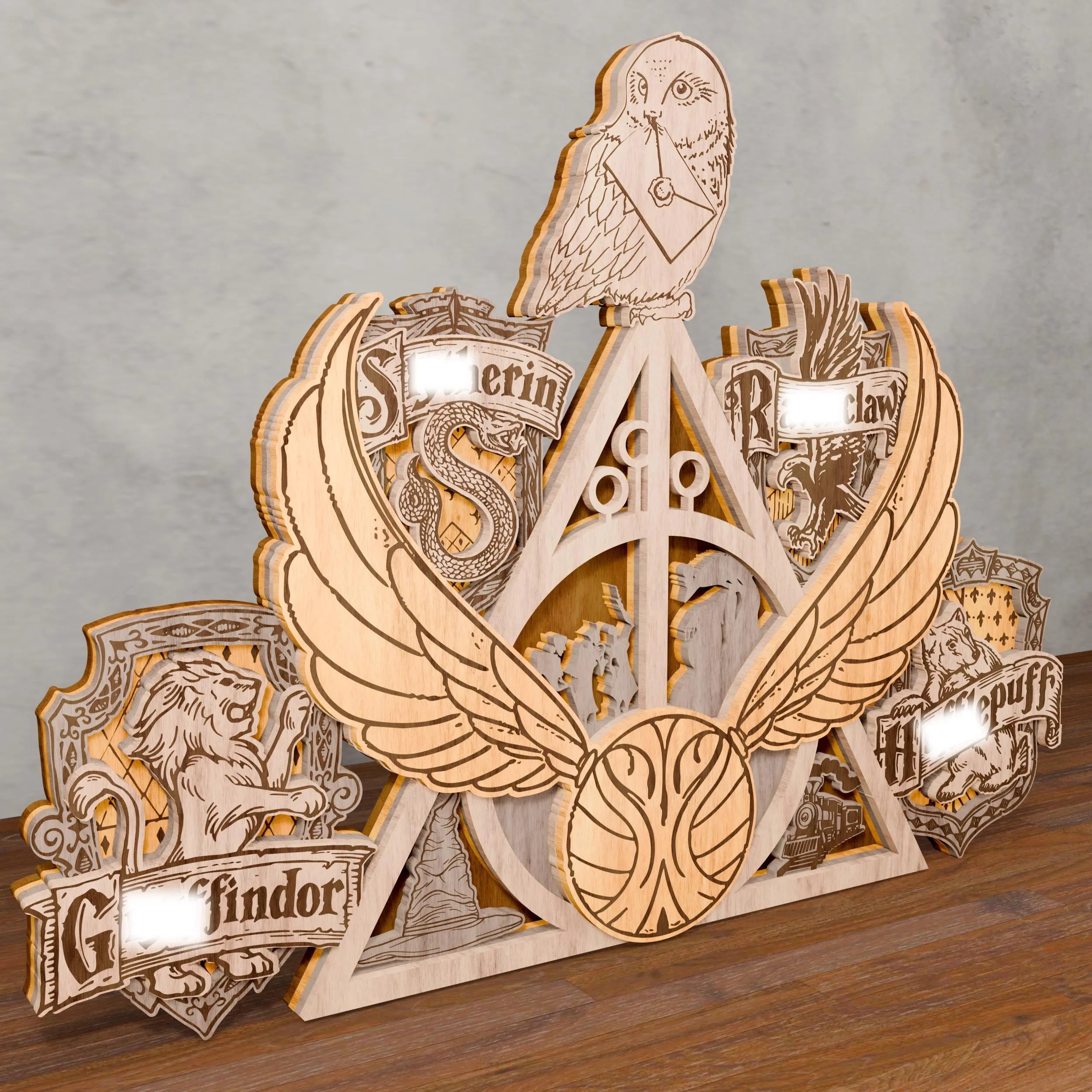 Magic Wizard Crest Multilayer SVG, Four Houses Owl & Flying Ball 3D Layered Wood Lamp, Glowforge Night Light Digital Download