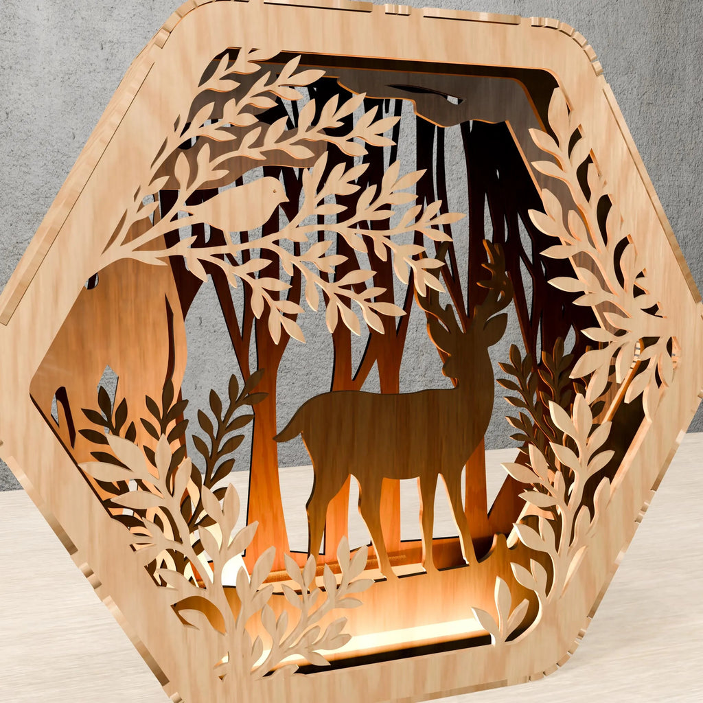 Hexagon Deer Forest Multilayer Laser Cut Files SVG, 3D Wooden Lantern Light Box Digital Download, CNC Glowforge Vector Pattern