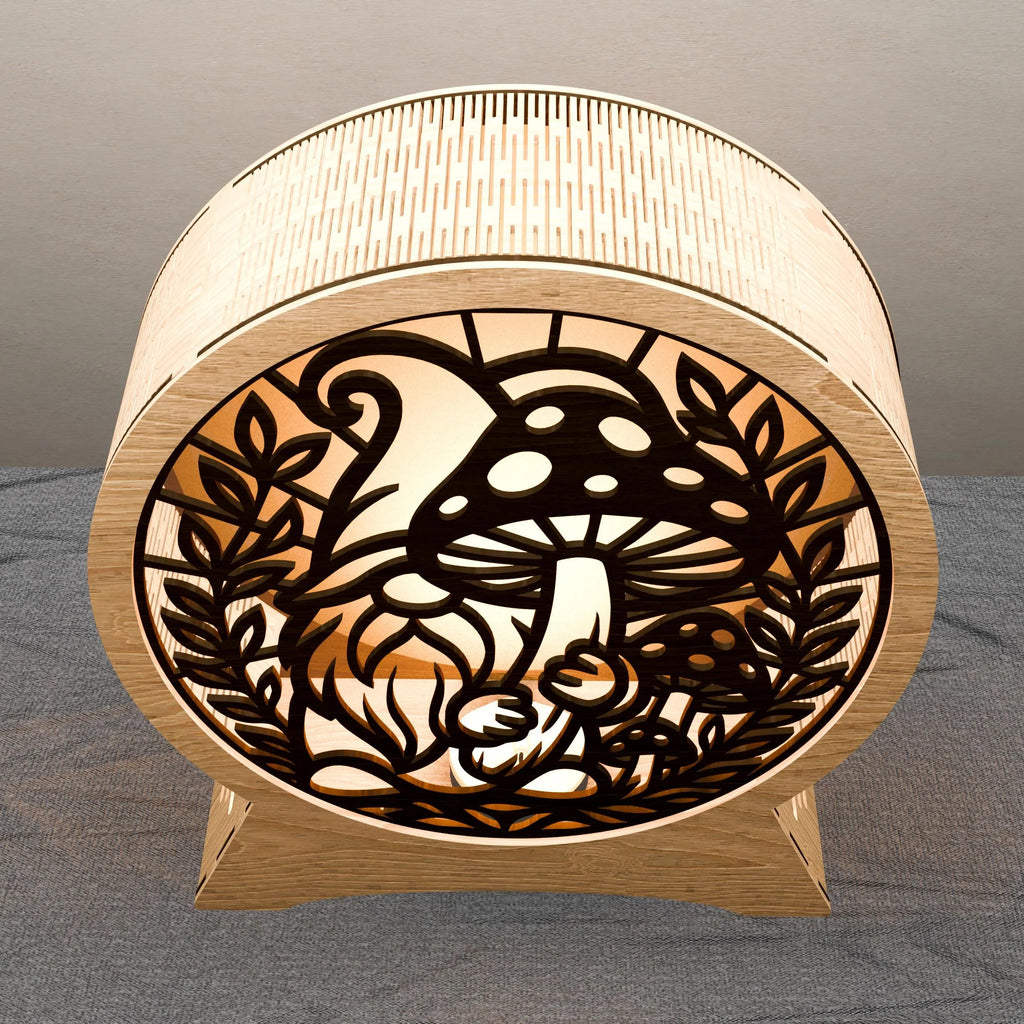 Gnome Mushroom Lantern Laser Cut File, 3D Round Wooden Night Light SVG, Multilayer Mandala Light Box Digital Download for Glowforge