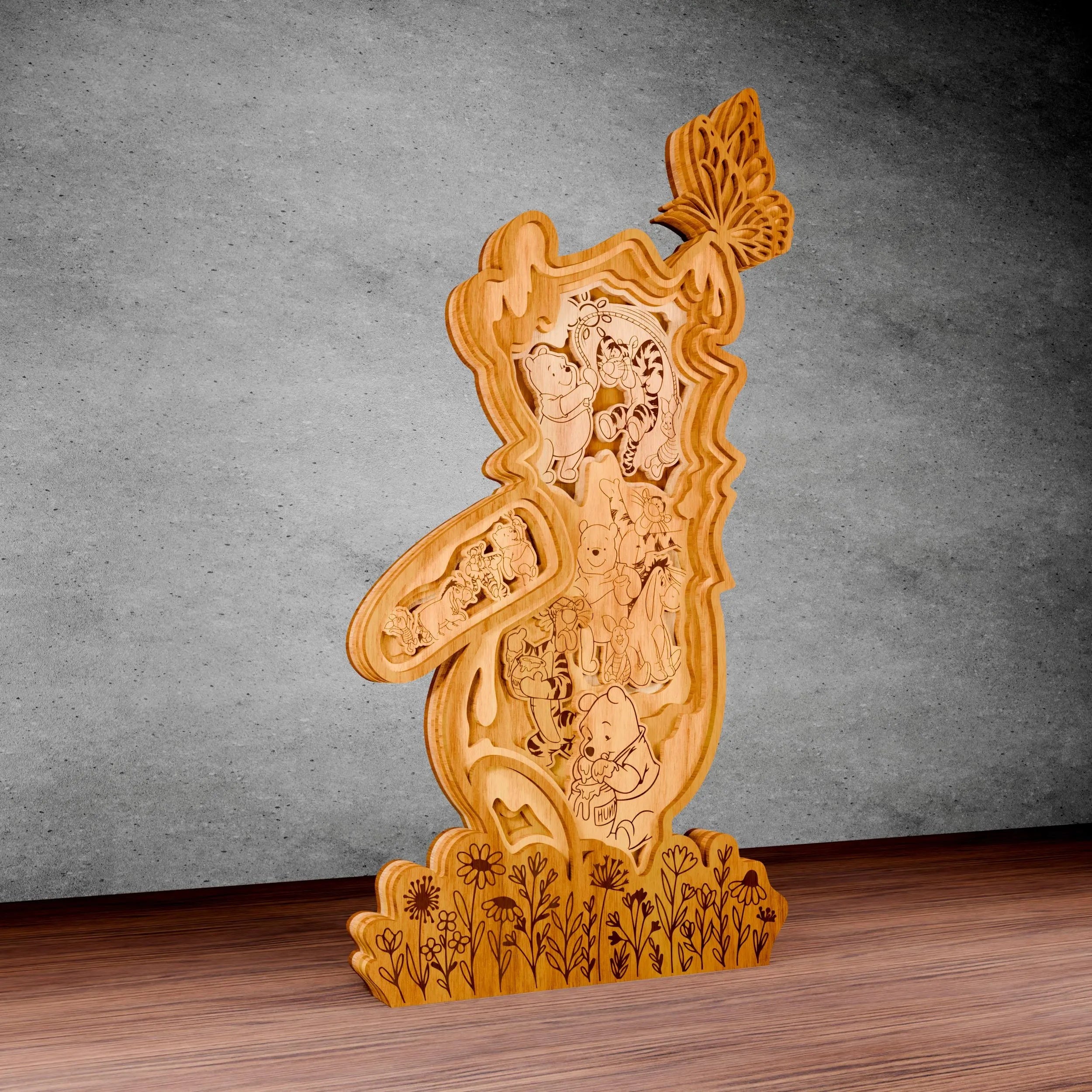 Honey Bear & Friends Multilayer Laser Cut SVG, Cute Bear Tiger & Piglet Forest 3D Layered Wood Art, Glowforge Nursery Decor Digital Download