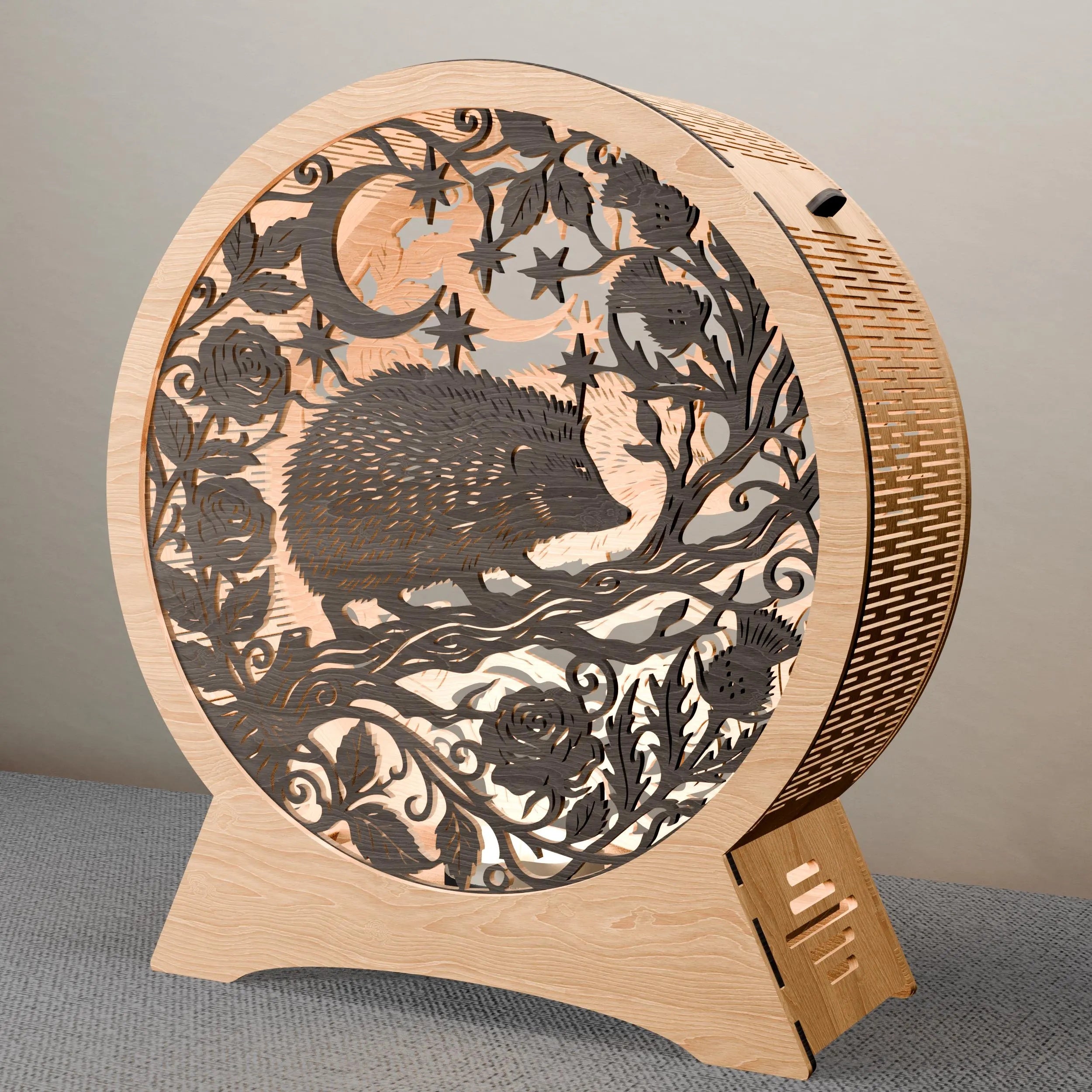 Hedgehog Moon Night Light Box SVG Laser Cut File, Multilayer 3D Mandala Lamp DXF, Layered Forest Animal Shadow Box Digital Download