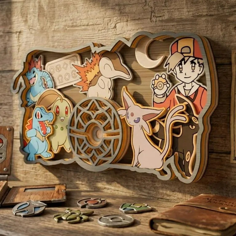 Cute Monster Trainer Multilayer Laser Cut SVG, Anime Creatures & Hero 3D Layered Wood Wall Art, Glowforge Anime Decor Digital Download