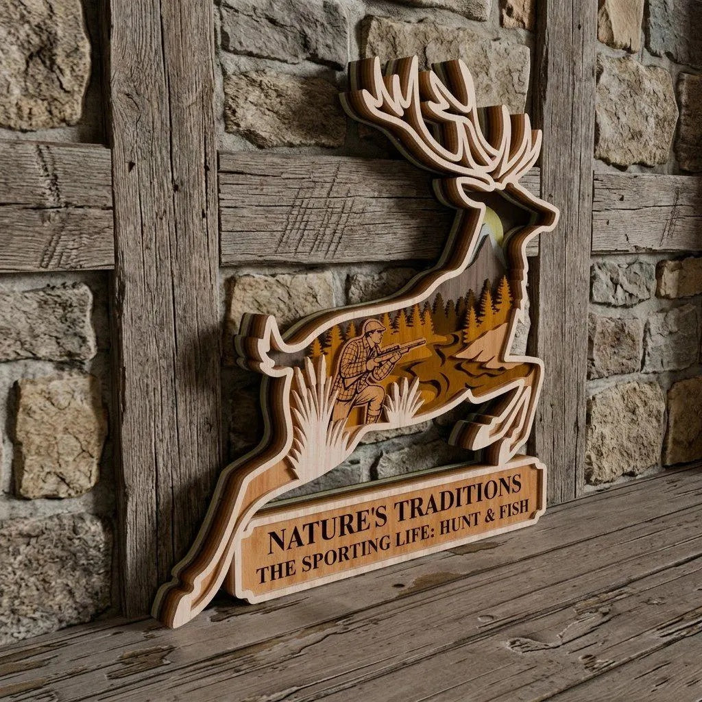 Hunting Deer SVG Laser Cut File, Multilayer Leaping Stag Hunter Scene, 3D Layered Wood Sign Cabin Decor Digital Download