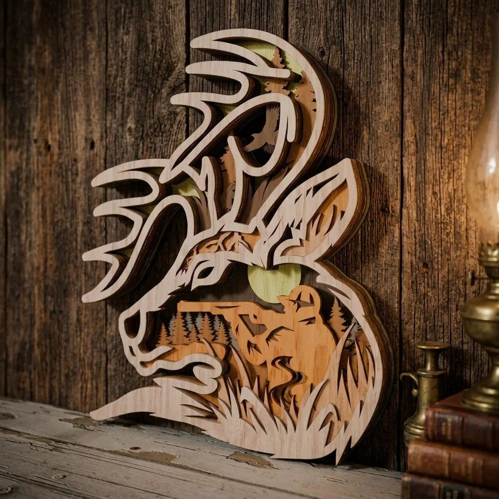 Deer Multilayer Laser Cut SVG, Buck Head 3D Mandala Layered File, Hunting Wall Art DXF CDR, Glowforge Cricut Wood Cut Digital Download