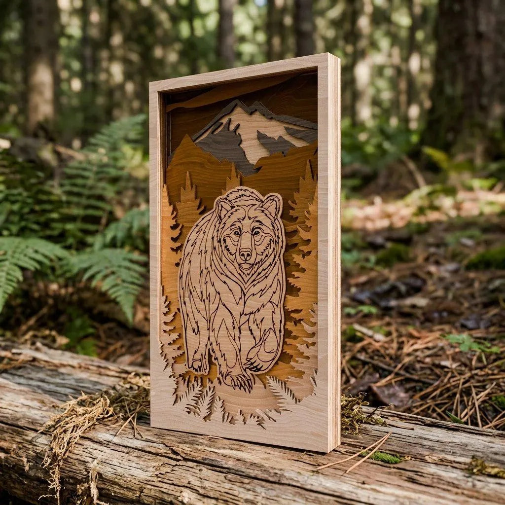 3D Bear Mountain Shadow Box SVG, Layered Grizzly Wall Art Laser Cut File, Cabin Wildlife Multilayer Glowforge Cricut Digital Download