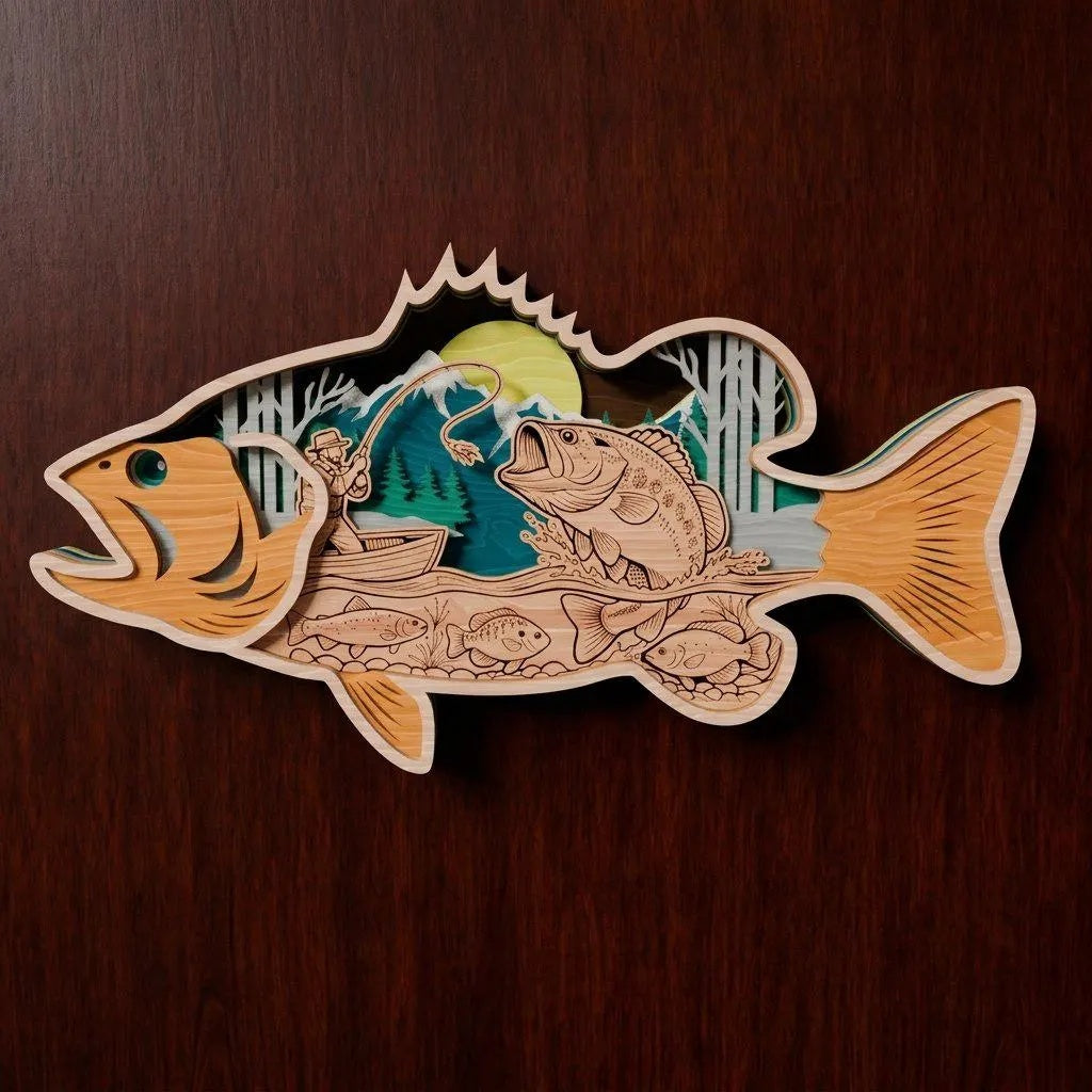 Bass Fishing Multilayer 3D SVG Laser Cut File, Largemouth Bass Fisherman Lake Scene Wall Art, Glowforge Cricut Digital Download