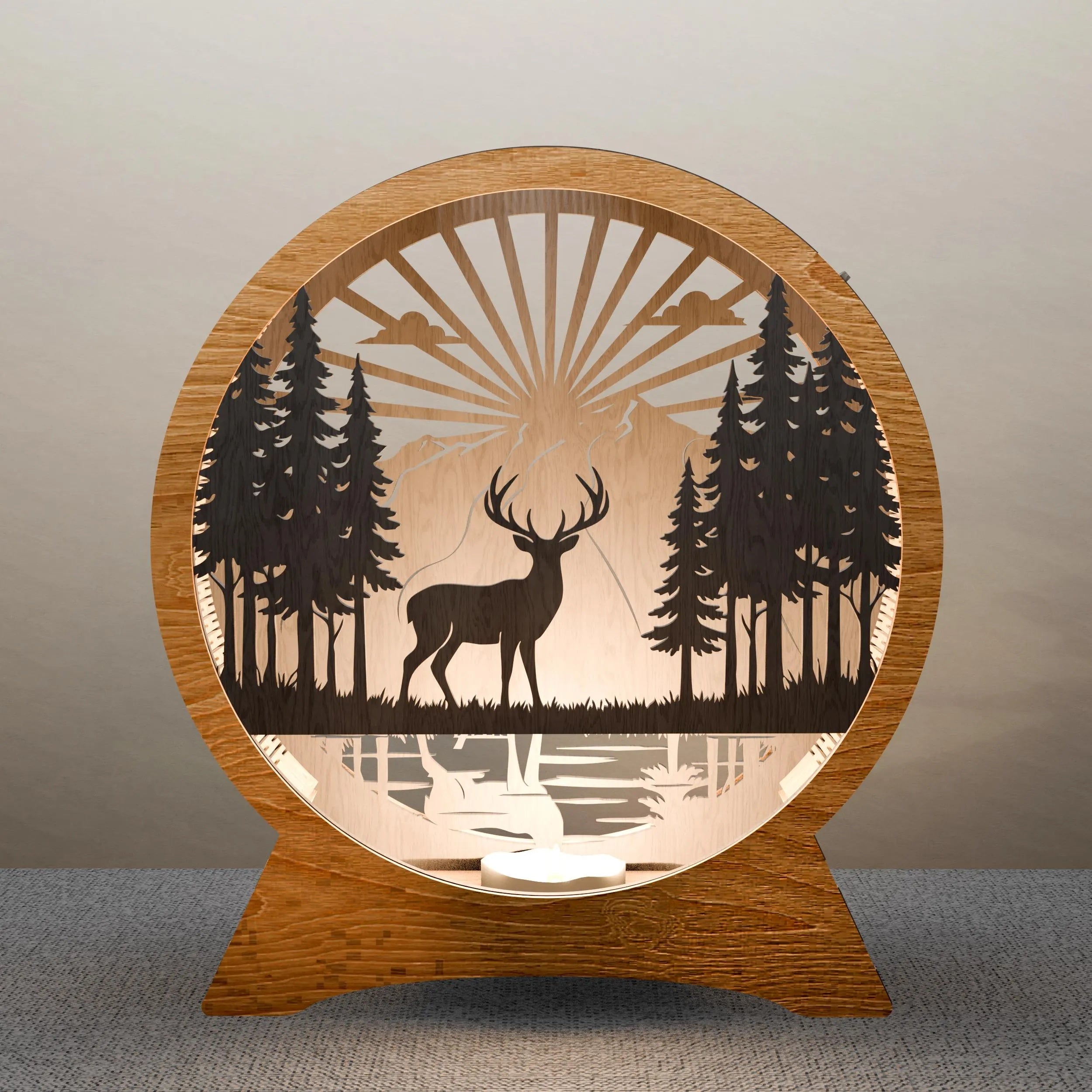 Deer Forest Light Box SVG Laser Cut Files, 3D Layered Stag Sunrise Lamp, Glowforge Wood Night Light Digital Download