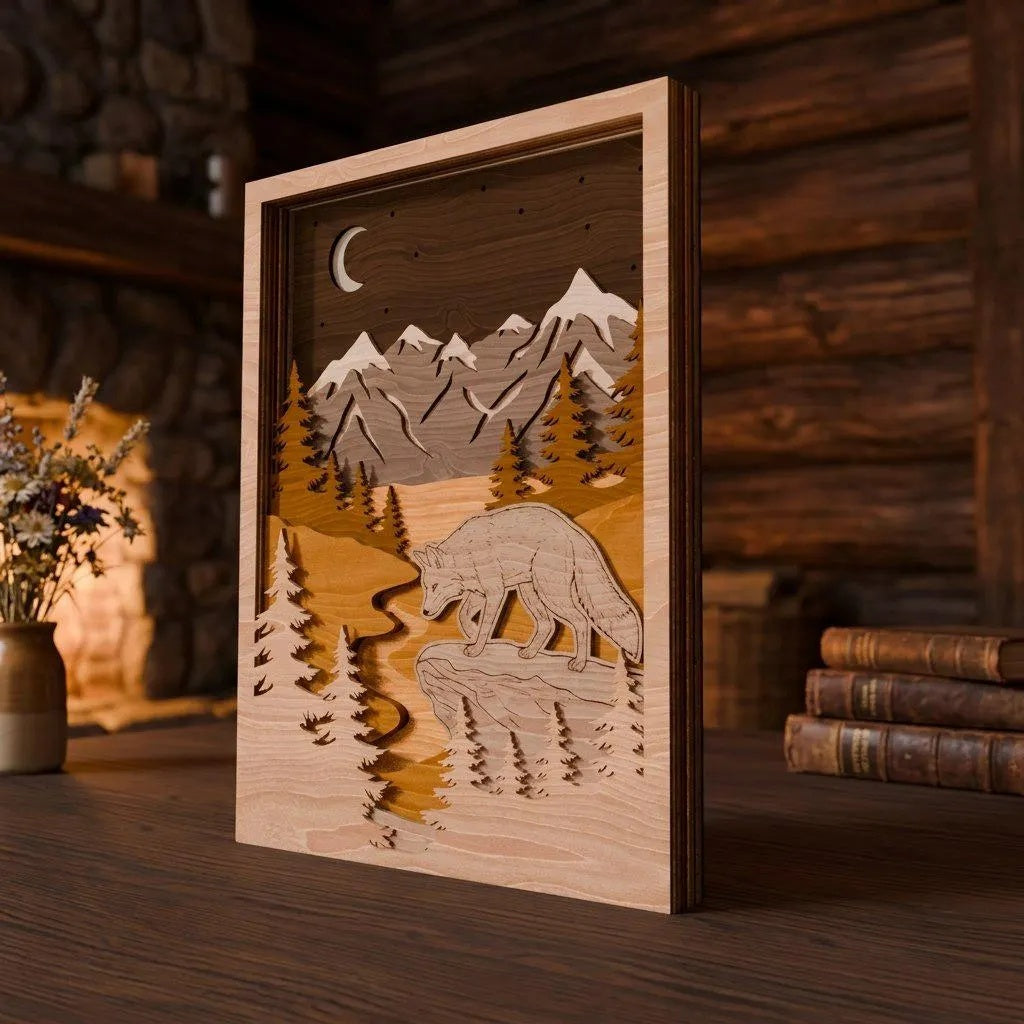 Fox Mountain Shadow Box SVG, 3D Layered Wolf Forest Laser Cut File, Multilayer Wood Wall Art, Glowforge Cricut Digital Download