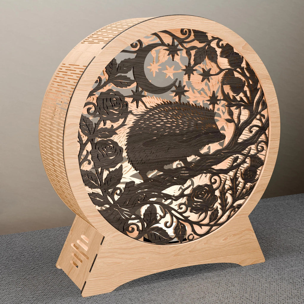 Hedgehog Moon Night Light Box SVG Laser Cut File, Multilayer 3D Mandala Lamp DXF, Layered Forest Animal Shadow Box Digital Download