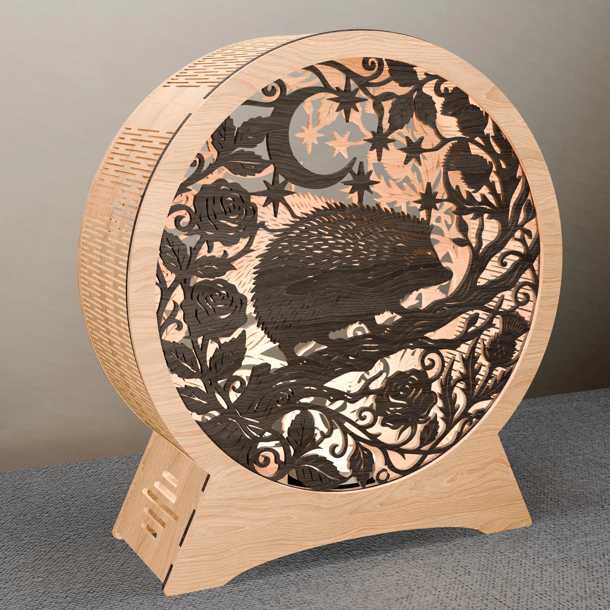 Hedgehog Moon Night Light Box SVG Laser Cut File, Multilayer 3D Mandala Lamp DXF, Layered Forest Animal Shadow Box Digital Download