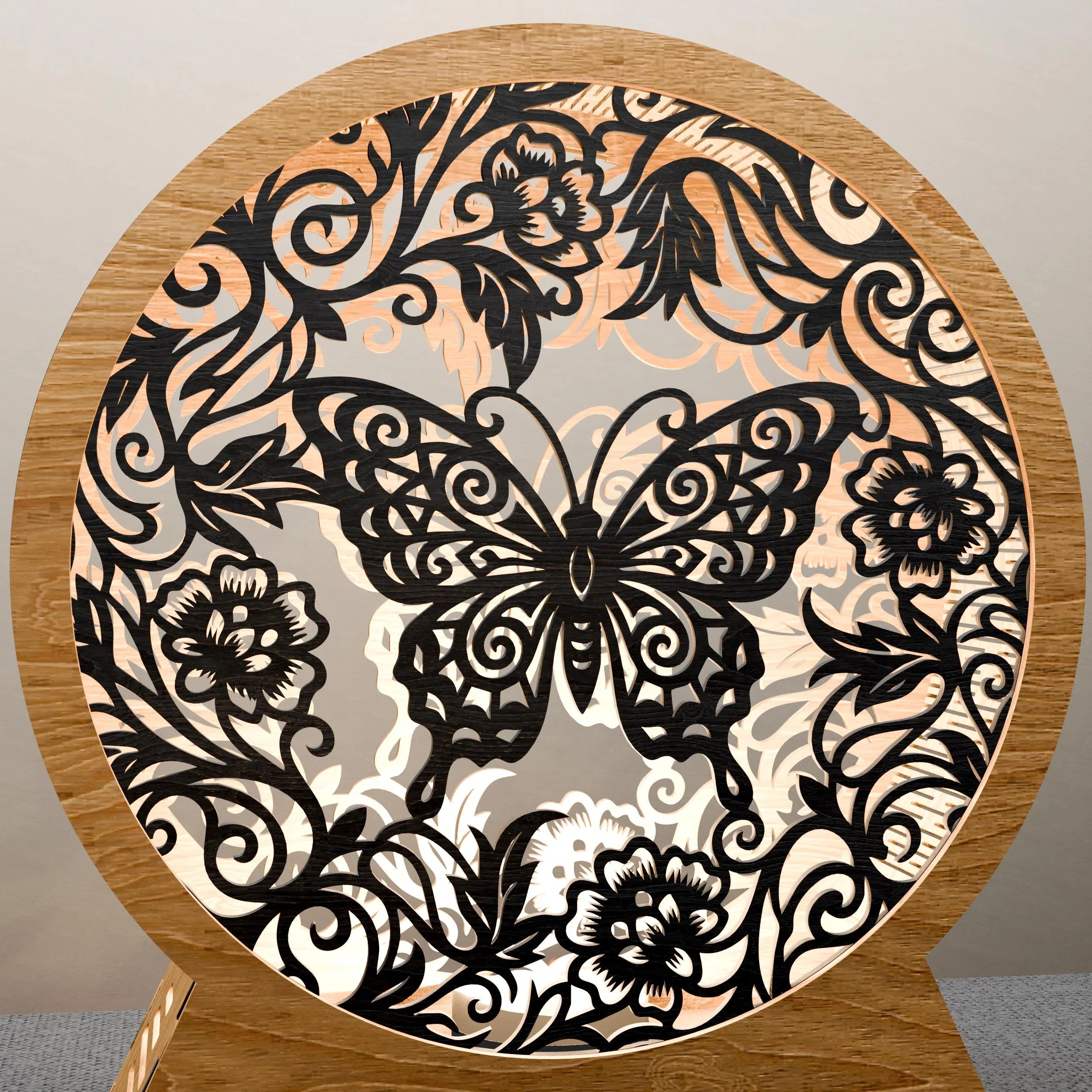 Butterfly Mandala Round Lamp SVG Laser Cut Files, 3D Layered Floral Night Light DXF, Glowforge Wood Light Box Digital Download