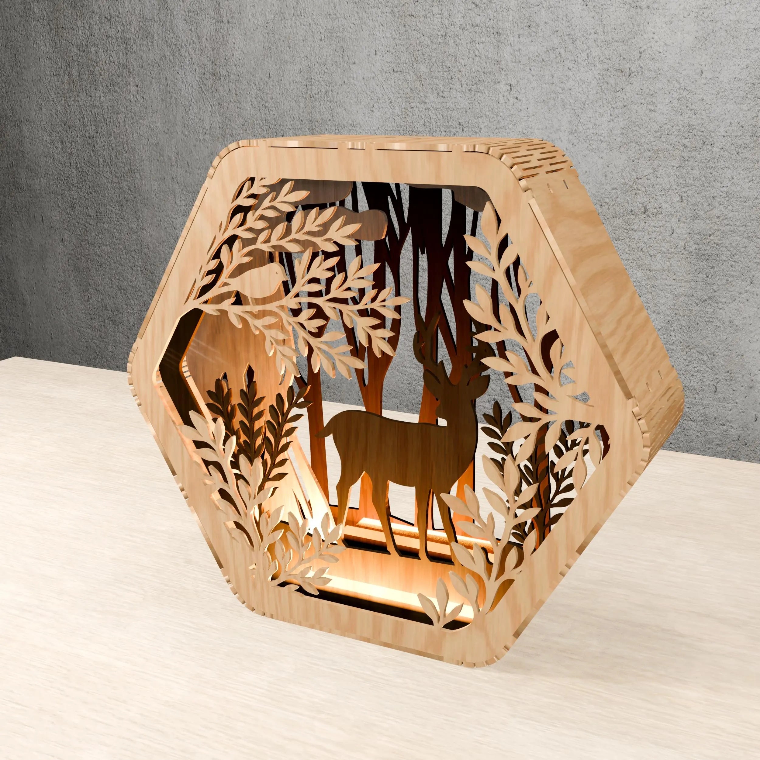 Hexagon Deer Forest Multilayer Laser Cut Files SVG, 3D Wooden Lantern Light Box Digital Download, CNC Glowforge Vector Pattern