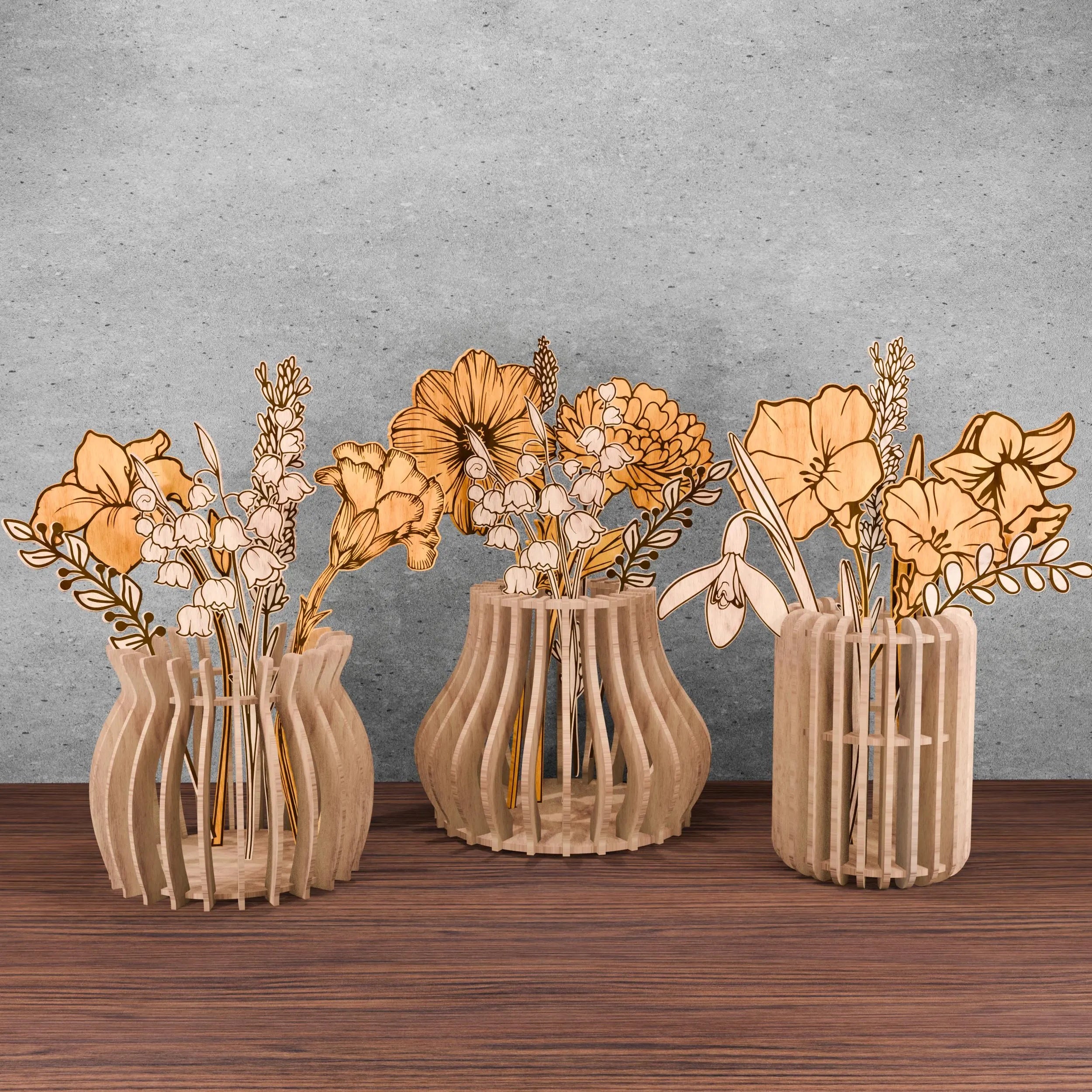Birth Month Flower Bouquet SVG Bundle, Laser Cut Wooden Vase with Flowers, Glowforge Files, 12 Birth Flowers Digital Download