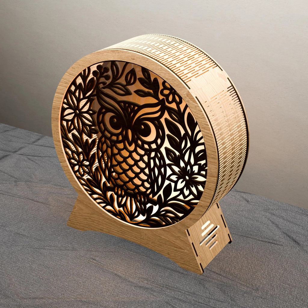 Owl Lamp Laser Cut Files SVG Bundle, 3D Round Wooden Night Light Digital Download, Floral Owl Mandala DXF CDR Vector