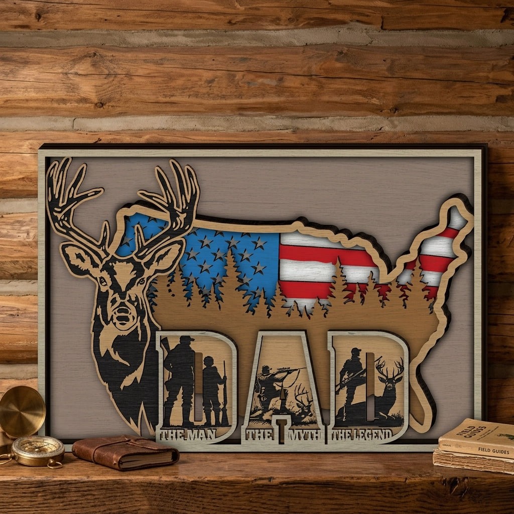 Dad The Man The Myth The Legend SVG, USA Map Deer Hunting Multilayer SVG, American Flag Buck Laser Cut File, Fathers Day Gift