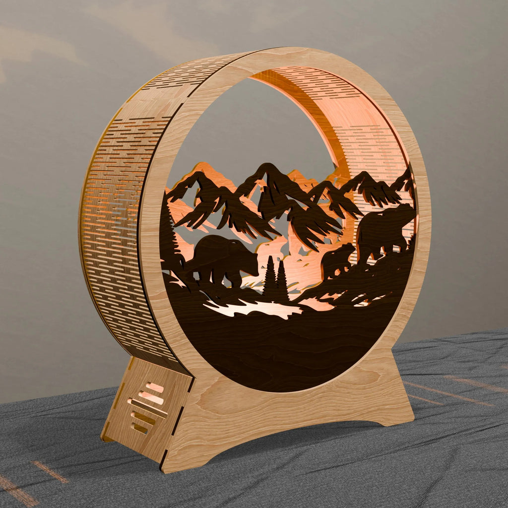 Bear Mountain Lamp Laser Cut Files SVG, 3D Layered Wildlife Night Light, Glowforge Wood Lantern DXF, Forest Scene Digital Download