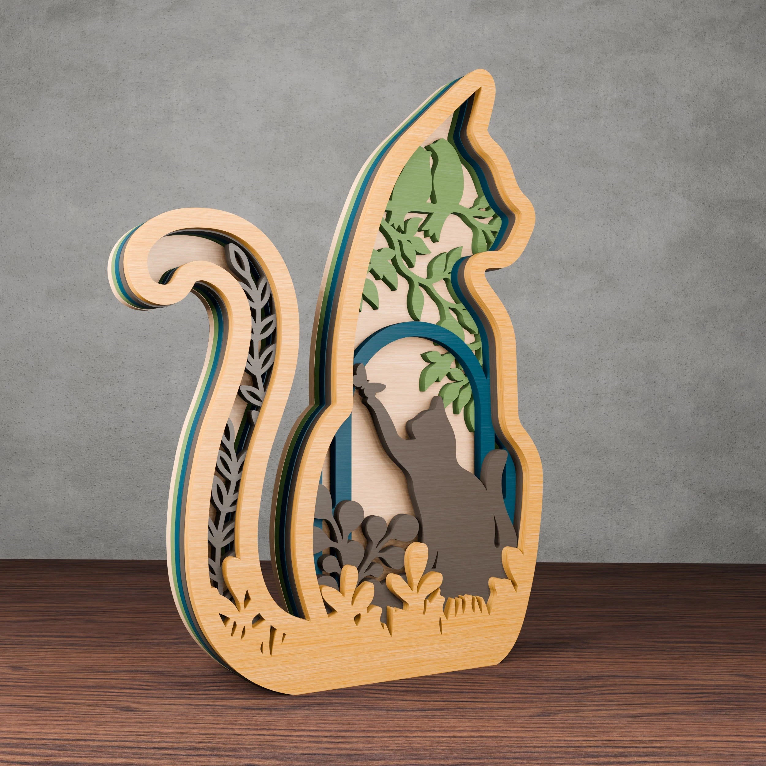 Multilayer Cat SVG Laser Cut File, 3D Layered Cat & Butterfly Mandala, Cricut Glowforge Wood Wall Art Digital Download