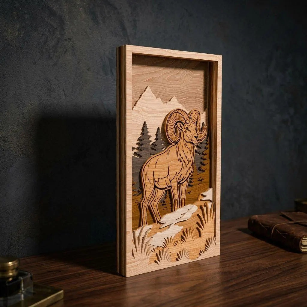 Bighorn Ram Multilayer SVG Laser Cut File, 3D Layered Mountain Wildlife Shadow Box, Glowforge Wall Art Digital Download