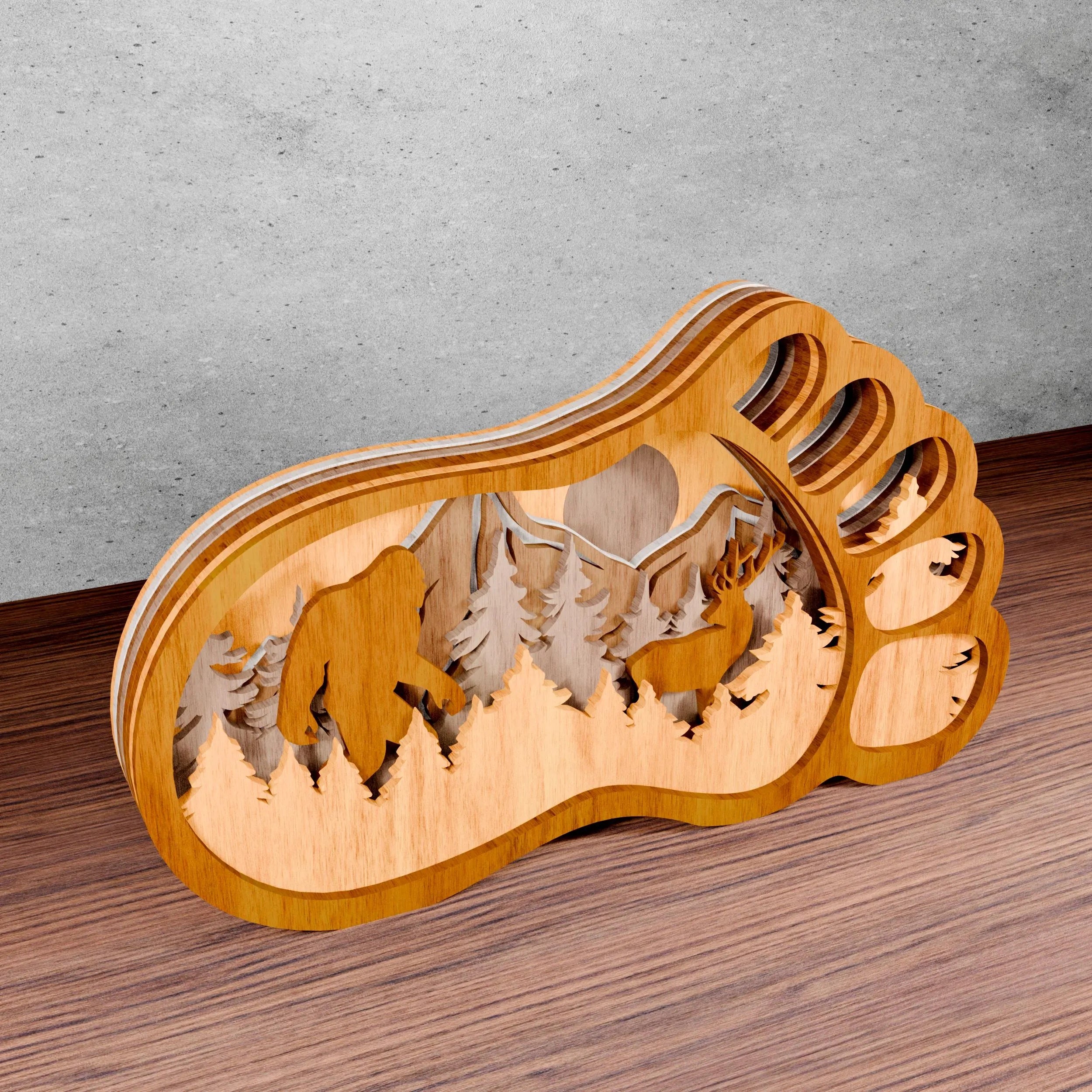 Bigfoot Foot Multilayer Laser Cut Files SVG, Sasquatch Mountain Forest Scene 3D Layered Shadow Box Digital Download