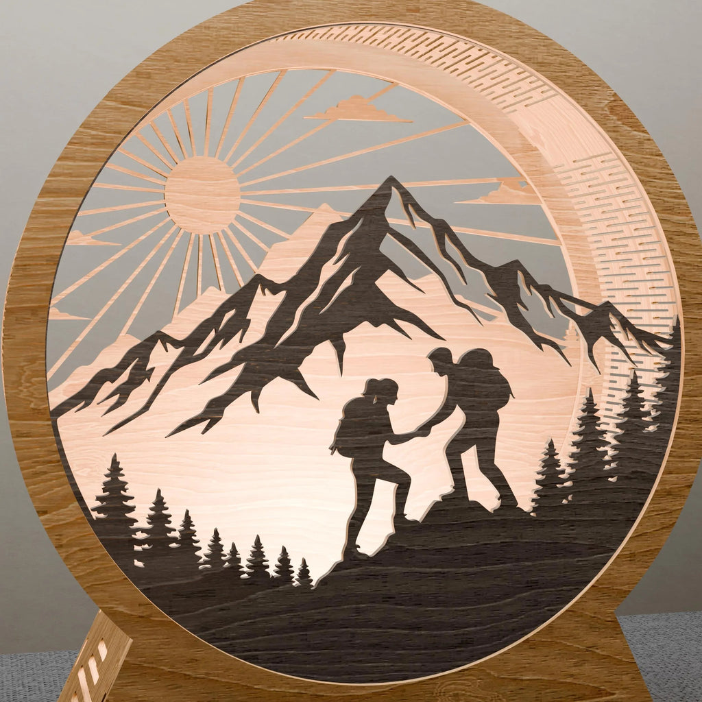 Hiking Couple Mountain Sunrise 3D Layered Lamp SVG Laser Cut File, Round Night Light Digital Download, Adventure Wood Lamp Vector