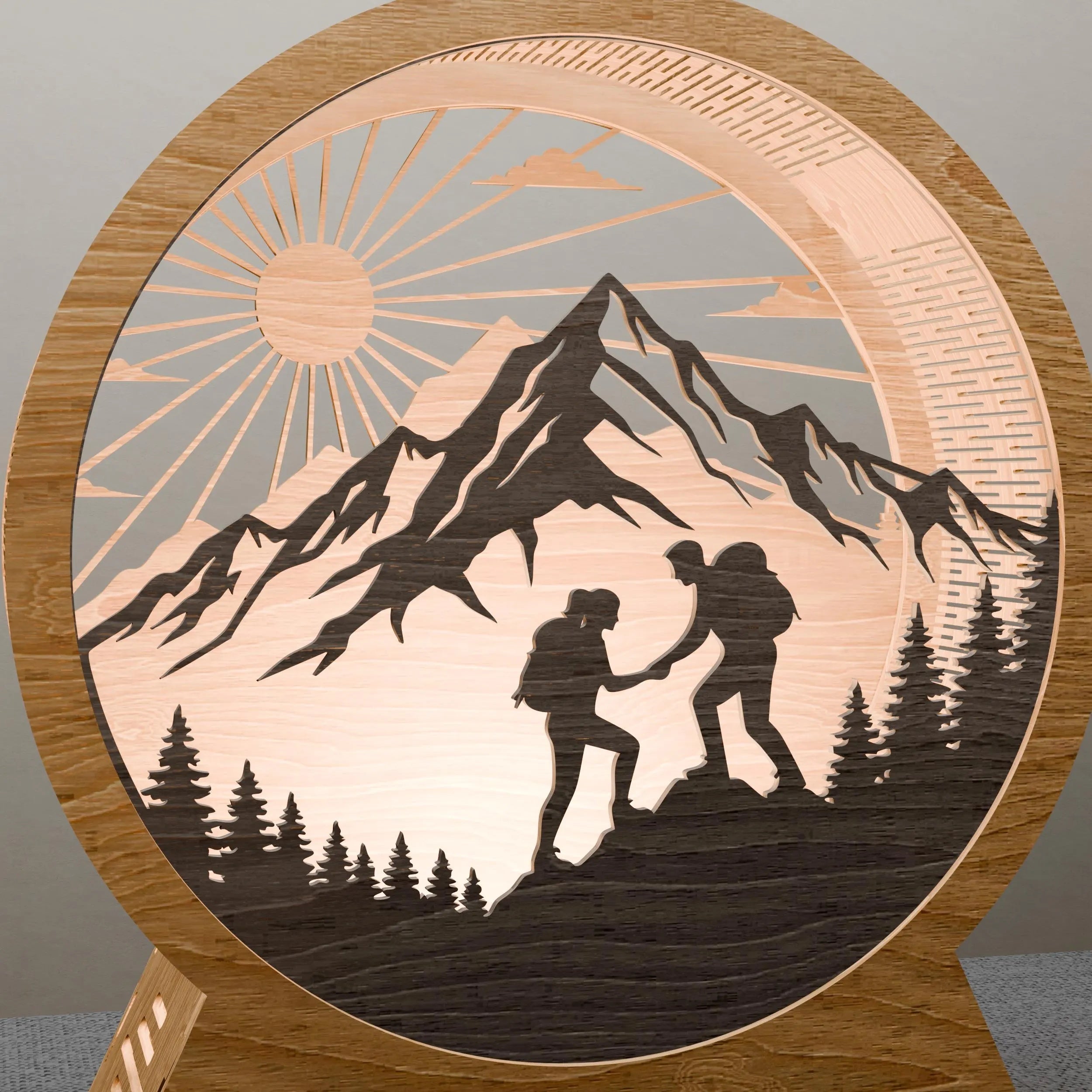 Hiking Couple Mountain Sunrise 3D Layered Lamp SVG Laser Cut File, Round Night Light Digital Download, Adventure Wood Lamp Vector