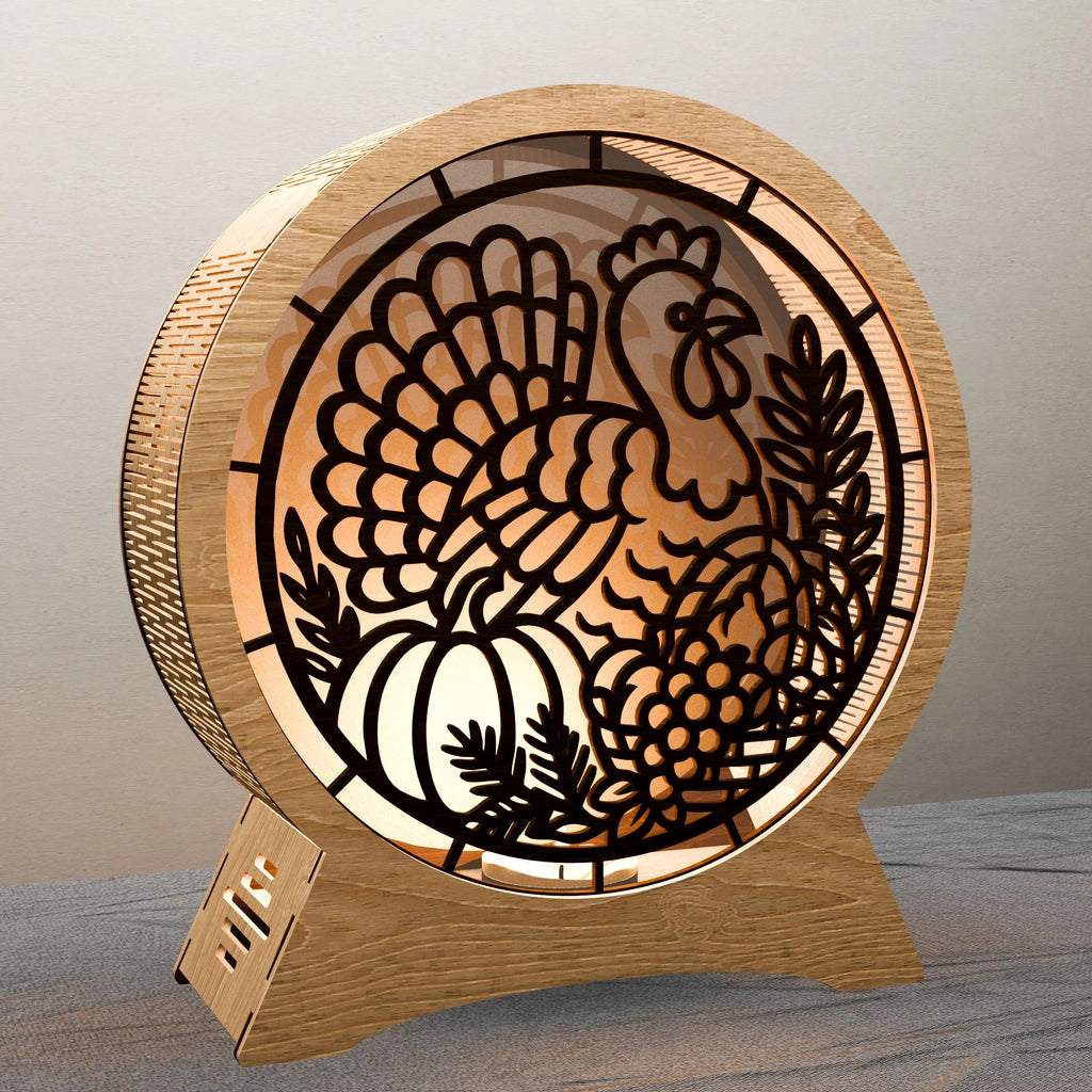 Thanksgiving Turkey Lamp SVG Laser Cut File, 3D Layered Mandala Light Box, Fall Harvest Pumpkin Night Light Digital Download