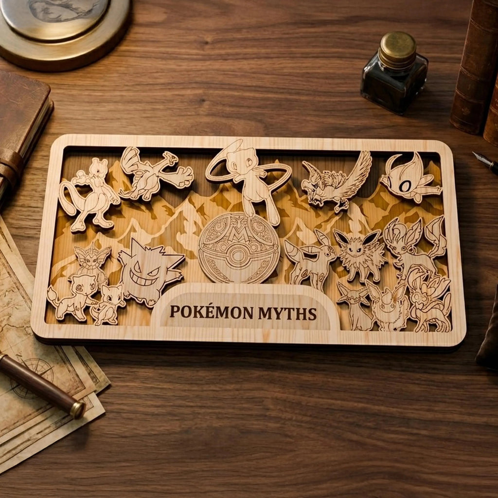 Mythical Pocket Monsters Multilayer SVG, Legendary Creatures & Ball 3D Layered Wood Plaque, Glowforge Gamer Room Decor Digital Download