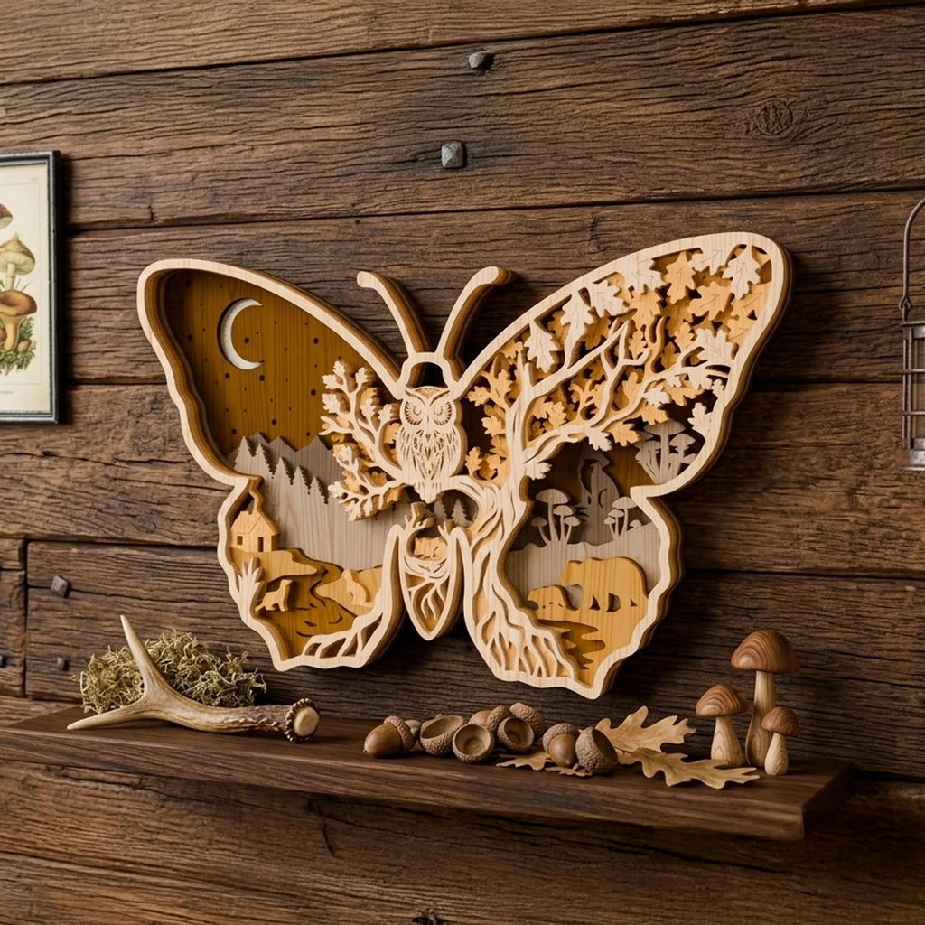 Multilayer Butterfly Owl Forest SVG Laser Cut File, 3D Layered Woodland Scene, Wall Art Glowforge Cricut Digital Download