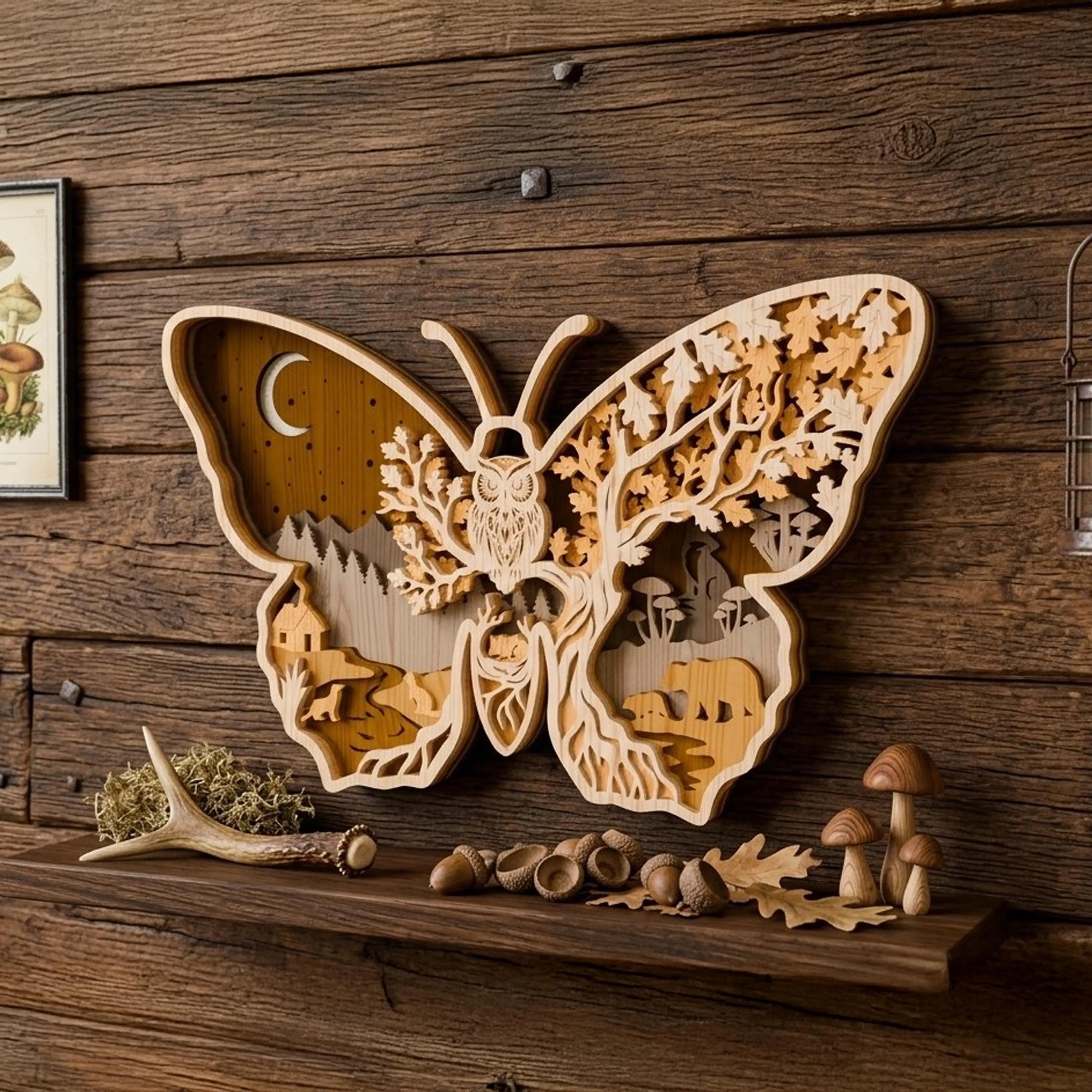Multilayer Butterfly Owl Forest SVG Laser Cut File, 3D Layered Woodland Scene, Wall Art Glowforge Cricut Digital Download